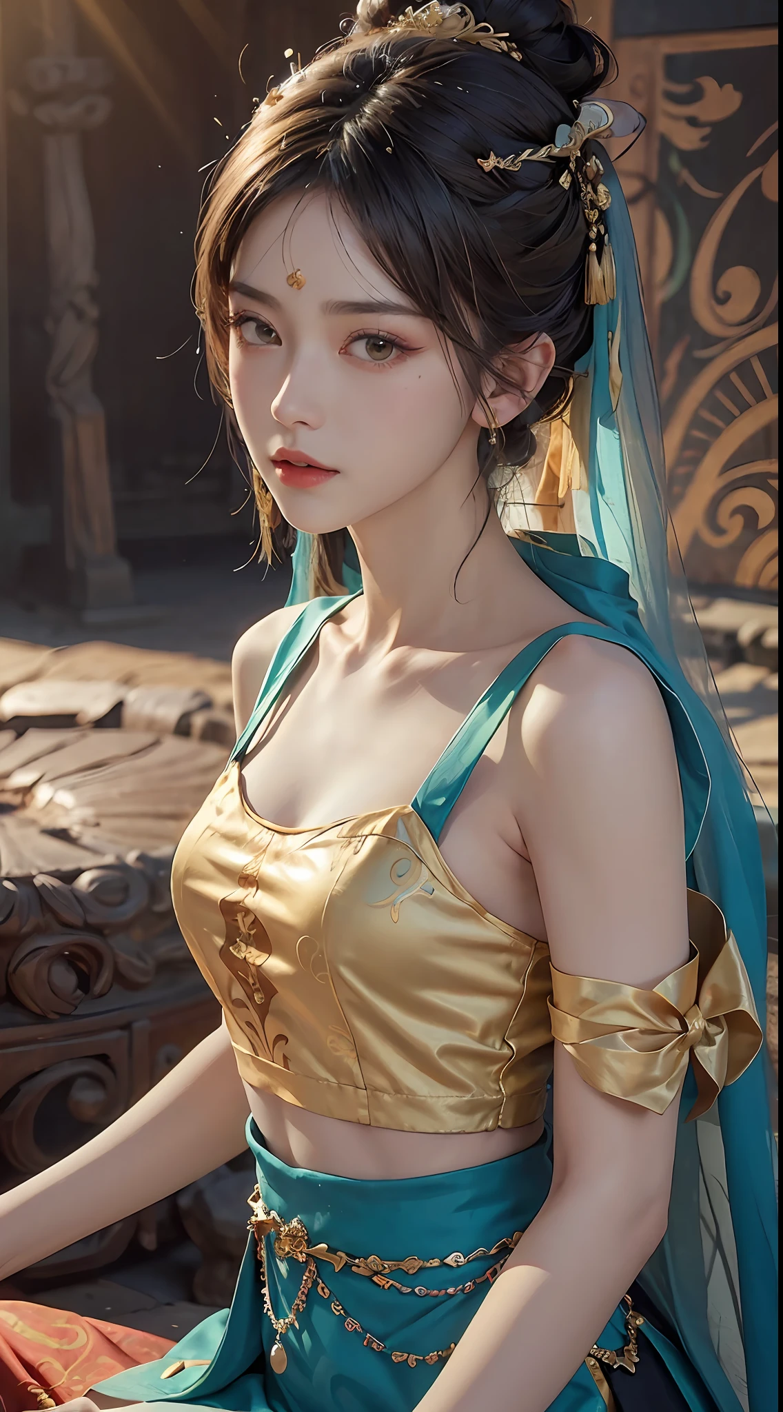 (RAW, Best Quality), Realistic, (Photorealistic Real: 1.3), Best Quality, High Detail, Masterpiece, Extremely detailed, Illustration, 1 25 year old goddess, upper body , Dynamic Angle, mess_long_hair, Best Quality, 8k Wallpaper, extremely detailed dunhuang uniform, Ink, Amazing, Cinematic Lighting, lens_flare, dunhuang_style dress, Sexy, Crop Top, Delicate Collarbone, Patterned Stockings, Gold Pattern all over her body, an ancient goddess, a hanfu-style silk ao dai, a silk dune costume, (dunhuang phi-tian style: 1.8) (fiction dunhuang landscape: 1.8), face beautiful and detailed makeup, thin black eyebrows, detailed eye makeup, big round yellow eyes, high nose, hair in a bun, jewelry on the head and neck, big and regular breasts, round hand on the wrist, jewelry on the goddess dune's shirt, small tattoo in the middle of the goddess dune,