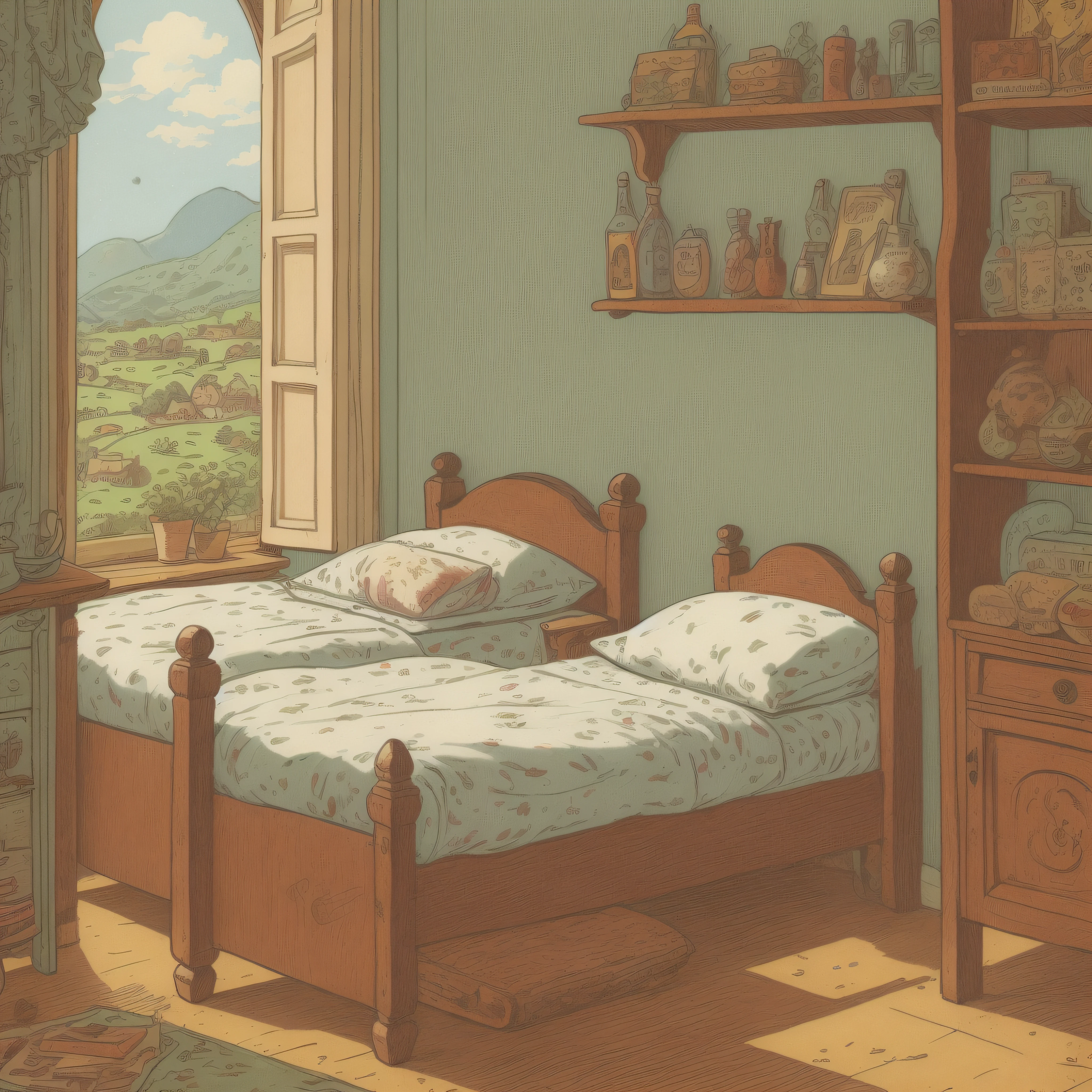 Children's picture book illustration, two beds in a rural inn, setting image, cute, color illustration, composition material, colorful color, 18th century France,