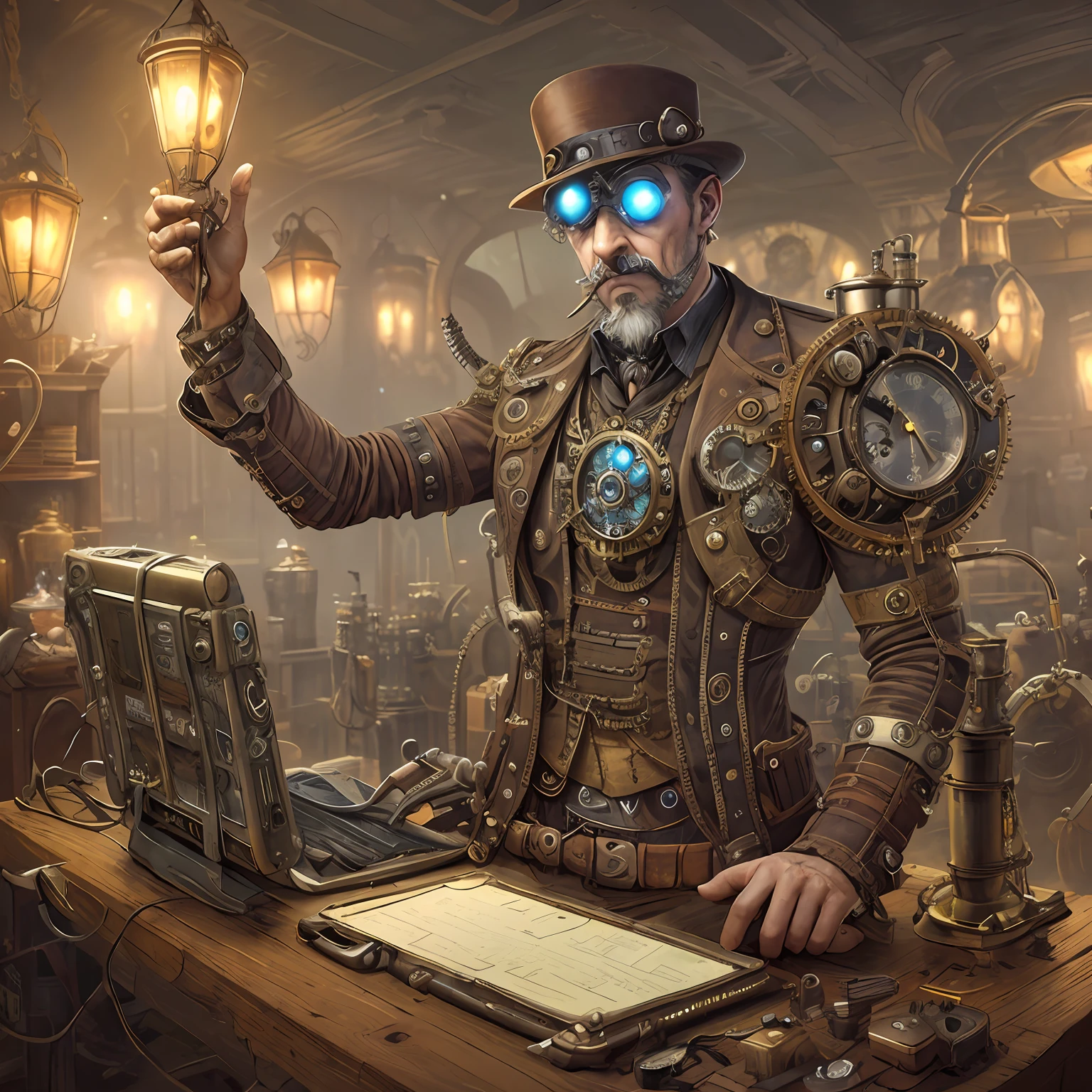 steampunkai, inventor working on a timemachine