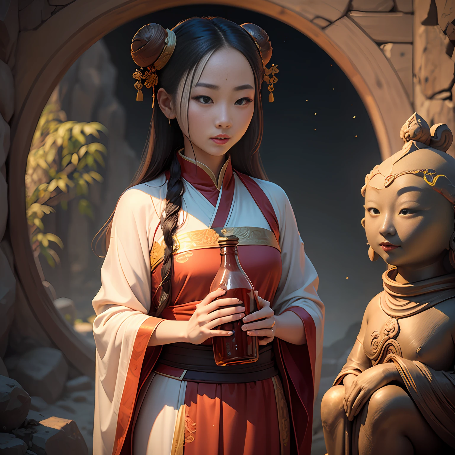 Nanhai Putuo Rocky Mountain Great Compassion Relief Relief Inspiration Guanyin Bodhisattva "Tied with a coiled dragon bun, wearing a sura robe, eyebrows like a small moon, jade face with joy, vermilion lips a little red, holding a clean bottle of manna weeping willows