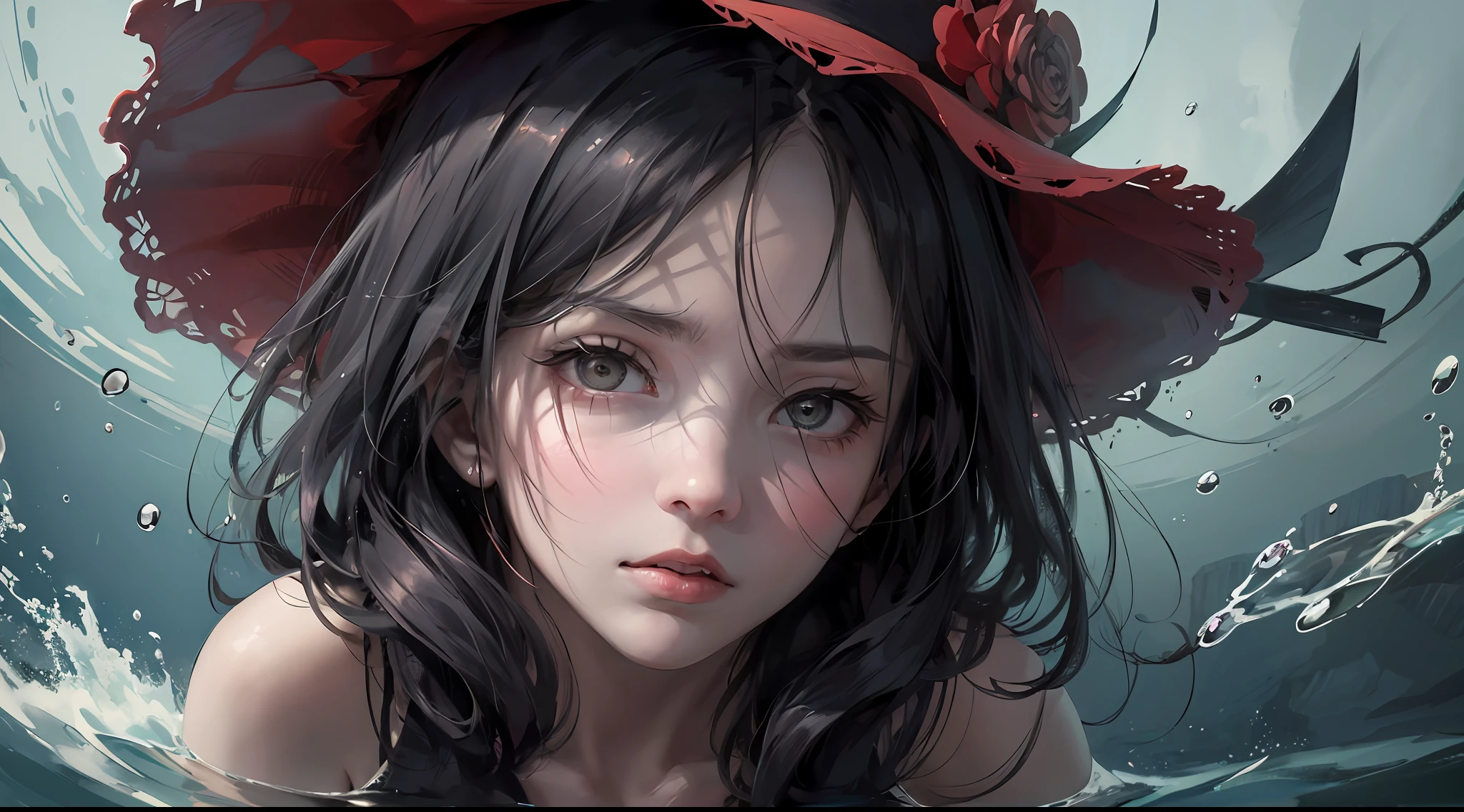 ((Top-notch quality)), ((masterwork)), ((true-to-life)) depiction of a girl in an underwater environment, capturing a close-up of her upper body. The scene exudes a feeling of oppression, darkness, and horror, creating a sense of unease and tension. The girl's expression reflects fear and apprehension, emphasizing the haunting atmosphere. The underwater setting is depicted with deep, murky tones and dim lighting, heightening the sense of mystery and danger. The artwork is executed in a style reminiscent of Katsushika Hokusai, with intricate details and precise brushwork. The medium used is a sketch technique, adding a raw and unsettling quality to the image. The final result is a picturesque masterpiece that evokes a powerful sense of unease and terror.