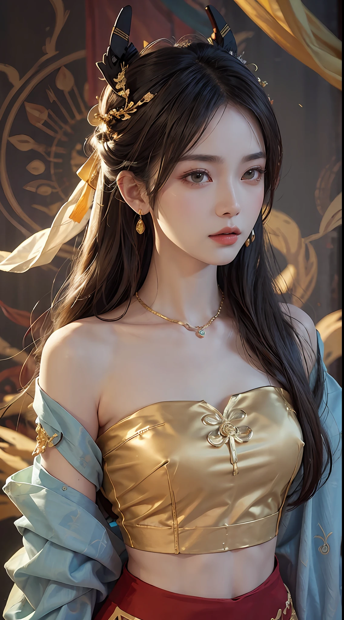 (RAW, Best Quality), Realistic, (Photorealistic Real: 1.3), Best Quality, High Detail, Masterpiece, Extremely detailed, Illustration, 1 25 year old goddess, upper body , Dynamic Angle, mess_long_hair, Best Quality, 8k Wallpaper, extremely detailed dunhuang uniform, Ink, Amazing, Cinematic Lighting, lens_flare, dunhuang_style dress, Sexy, Crop Top, Delicate Collarbone, Patterned Stockings, Gold Pattern all over her body, an ancient goddess, a hanfu-style silk ao dai, a silk dune costume, (dunhuang phi-tian style: 1.8) (fiction dunhuang landscape: 1.8), face beautiful and detailed makeup, thin black eyebrows, detailed eye makeup, big round yellow eyes, high nose, hair in a bun, jewelry on the head and neck, big and regular breasts, round hand on the wrist, jewelry on the goddess dune's shirt, small tattoo in the middle of the goddess dune,