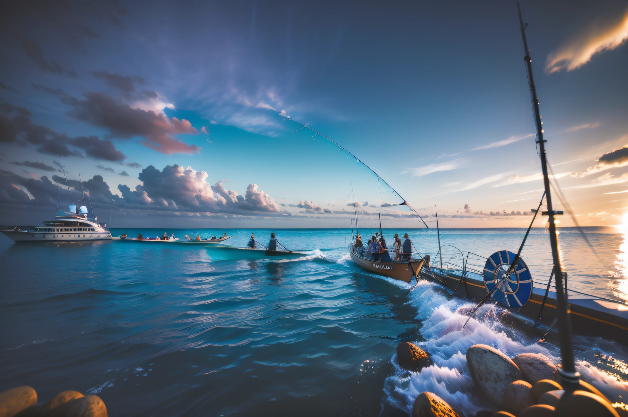Dark style, beach, many people taking pictures, yachts, sharks, water ghosts, fish, fishing rods, fishing, super wide angle, depth of field