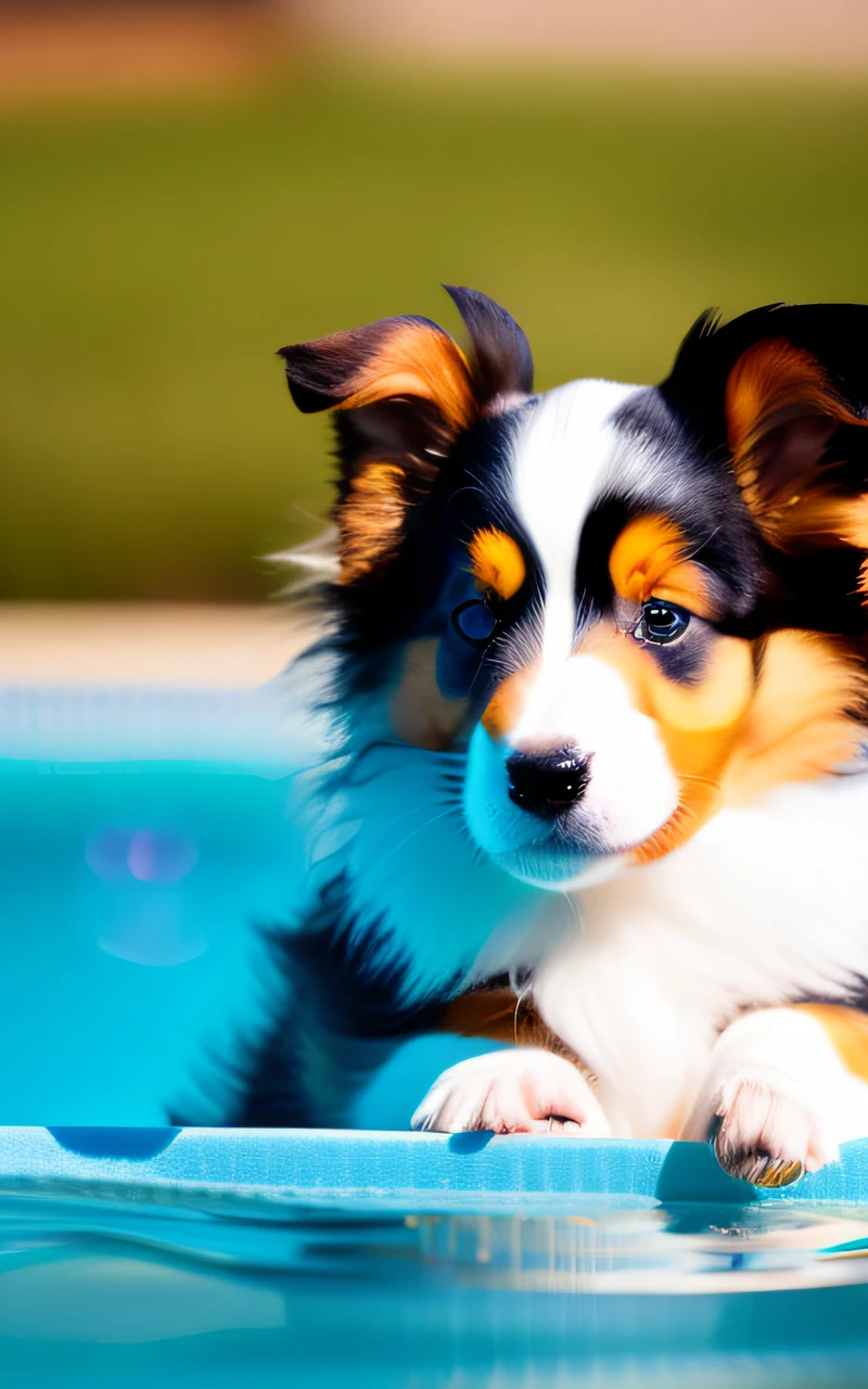 hyper Quality,Cute two Shetland Sheepdog puppies,different body colors,swimming in the pool,black eyes,barking,narrow eyes,smile,eos r3 28mm