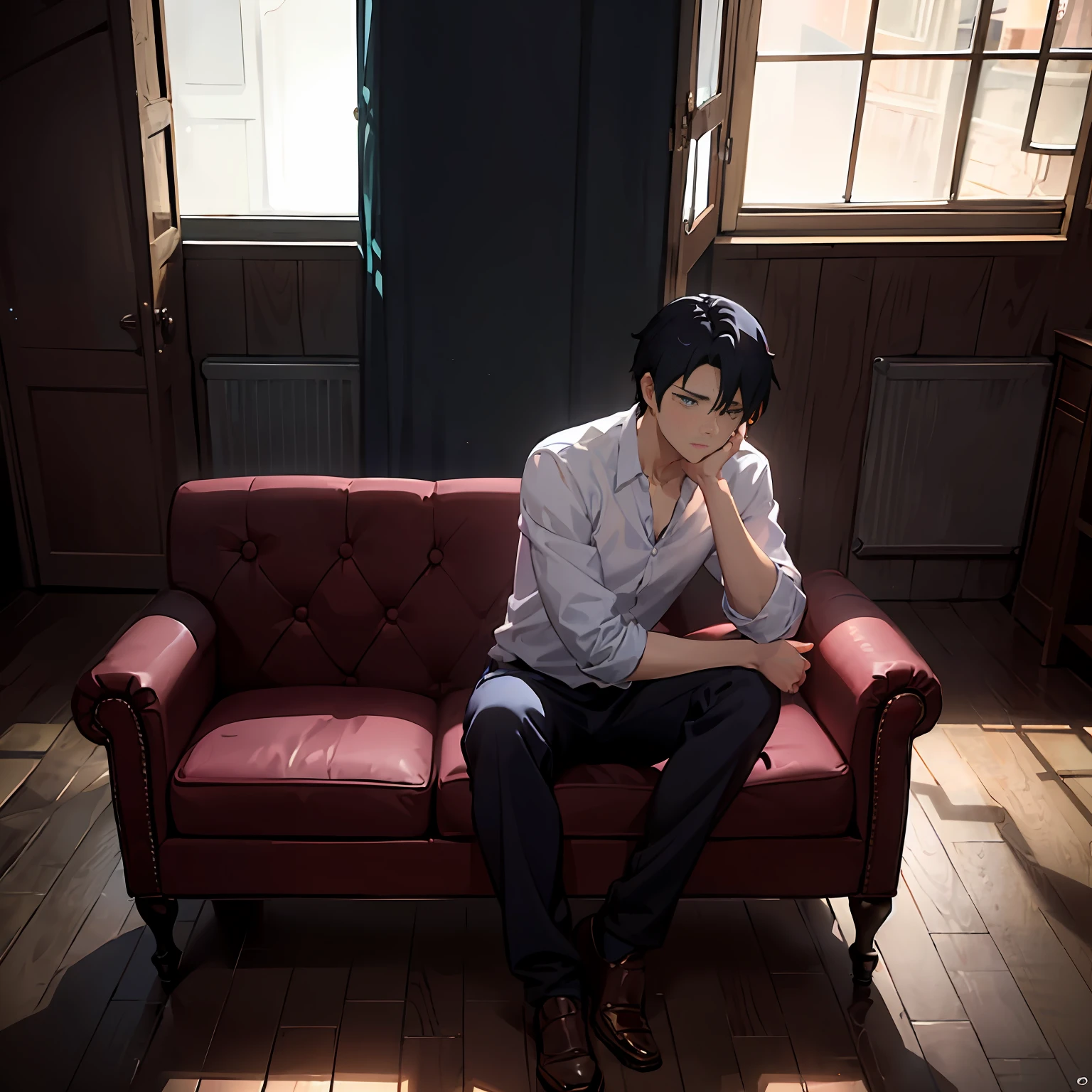 A tired young handsome man sat alone on the sofa, holding his face in his hands and looking sad. His eyes followed his wife's back, watching her distant figure disappear around the corner. There was a dreary atmosphere in the room, and sunlight poured in through the windows, reflecting his lost figure. Presented in the style of Makoto Shinkai.