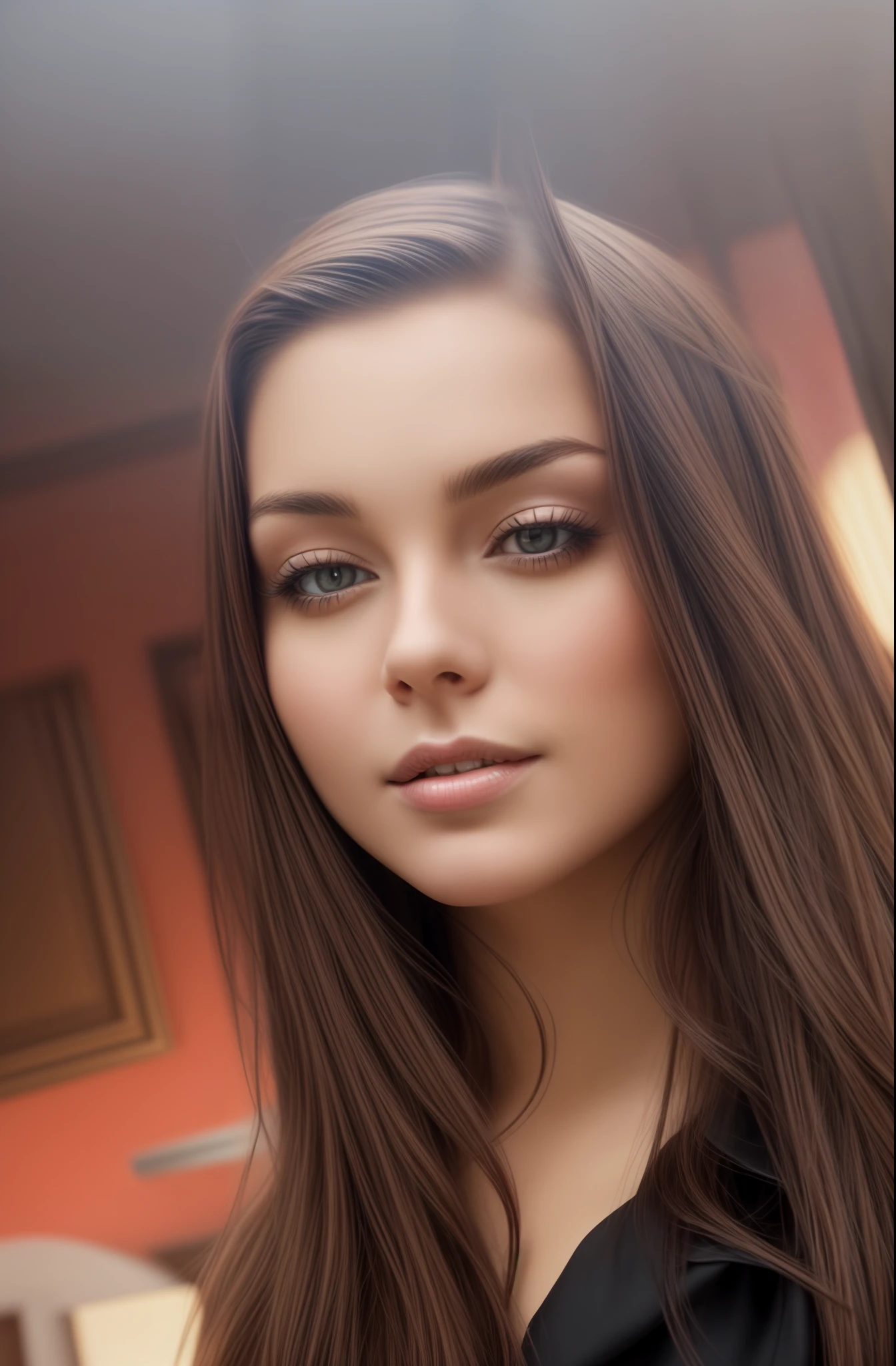 Realistic image of an elegant young woman with a seductive look, with dark brown hair gradually illuminated.