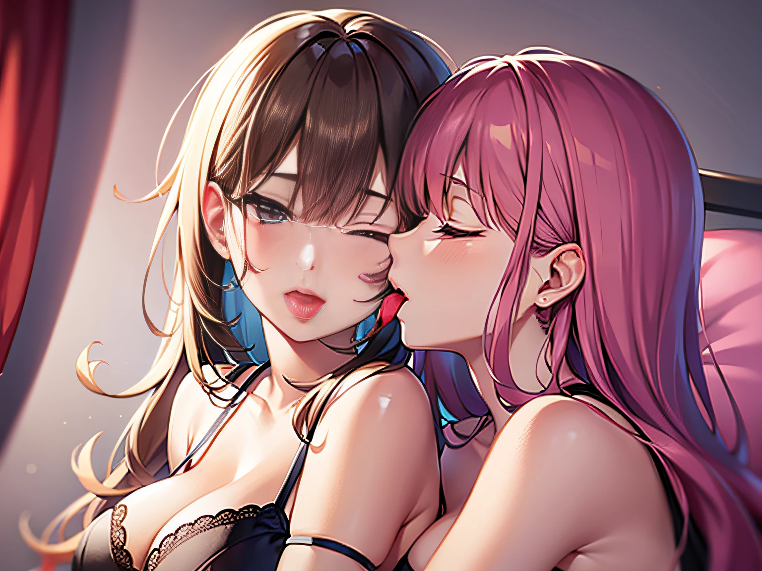 anime, moe, adult woman, women kissing each other, tongue licking, lingerie, hugging, big, long hair, love hotel room, sleeping on bed, pink wall, pink lighting