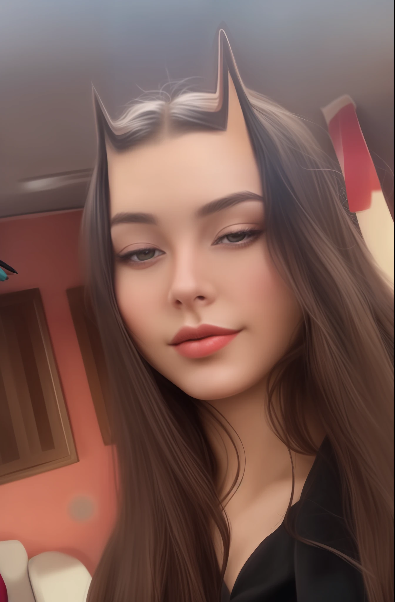 Realistic drawing of a 16 year old girl with lighter red lips, lots of detail, great resolution, 4k, black hair,.
