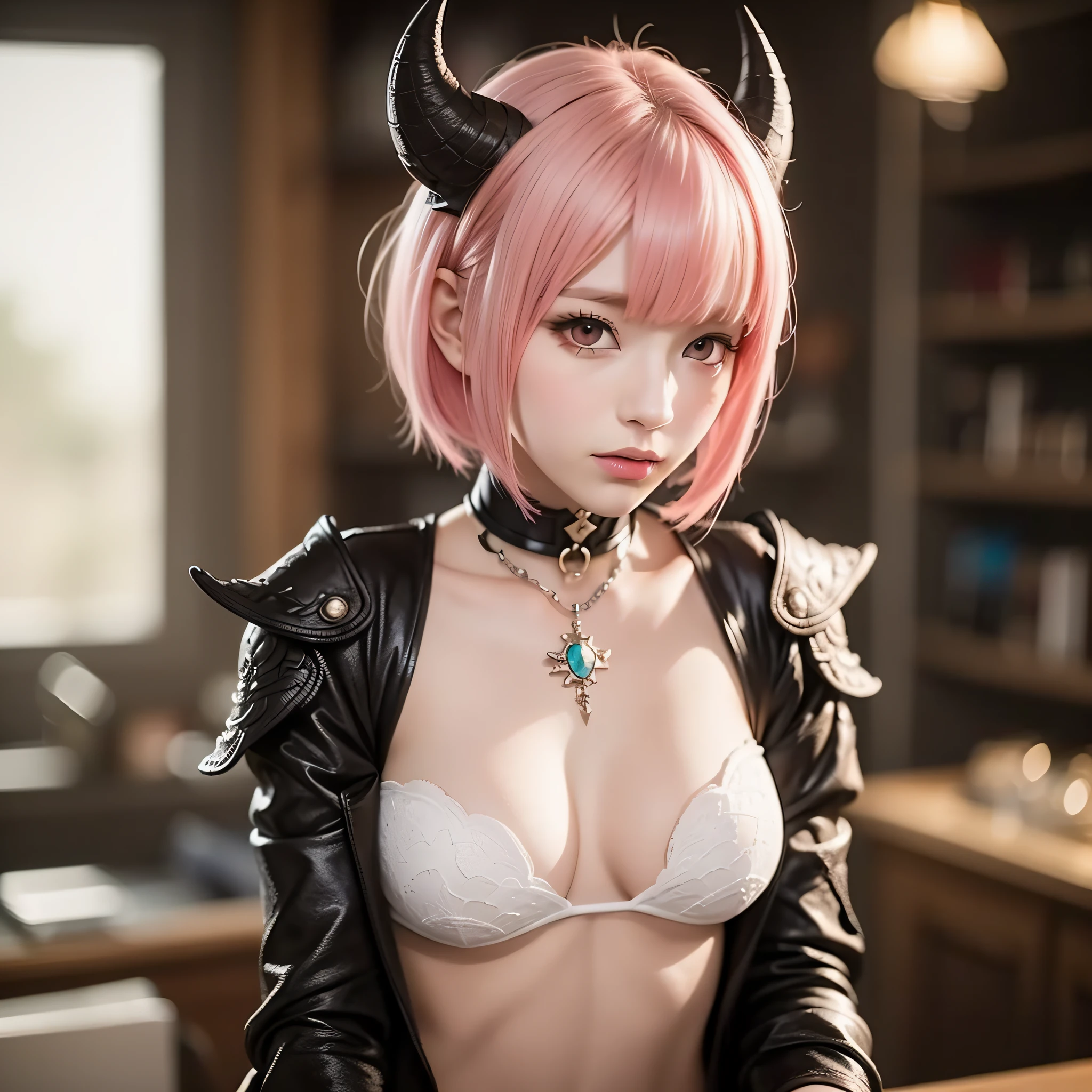 fantasy setting, 1girl, au ra, solo, red eyes, white horns, no ears, short hair, pink hair, avatar (ff14), scales, blurry, blurry background, breasts