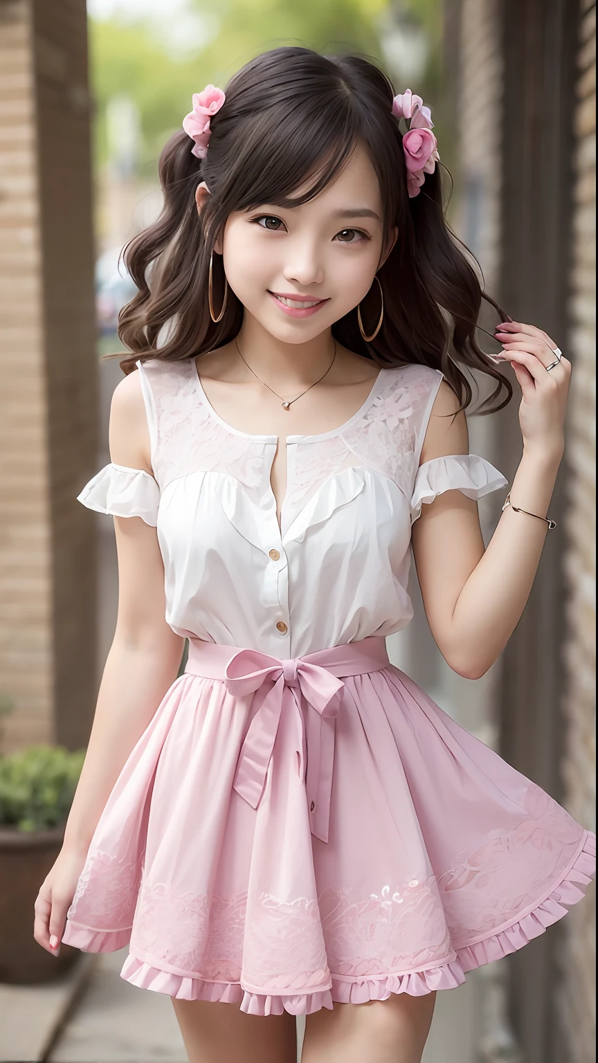 (Top Quality, 8k, 32k, Masterpiece, UHD: 1.2), 1 Girl, Beautiful Woman, Thin Waist, High School Student, Standing (Girly Fashion), (Pastel Colors, Ruffled Clothes, Clothes with Ribbons, Floral Dresses, Blouse with Lace, Socks with Ruffles, Loafer Pumps), Cinematic Light, (Pose with Bite: 1.2), (Smile at Whoever You Like),