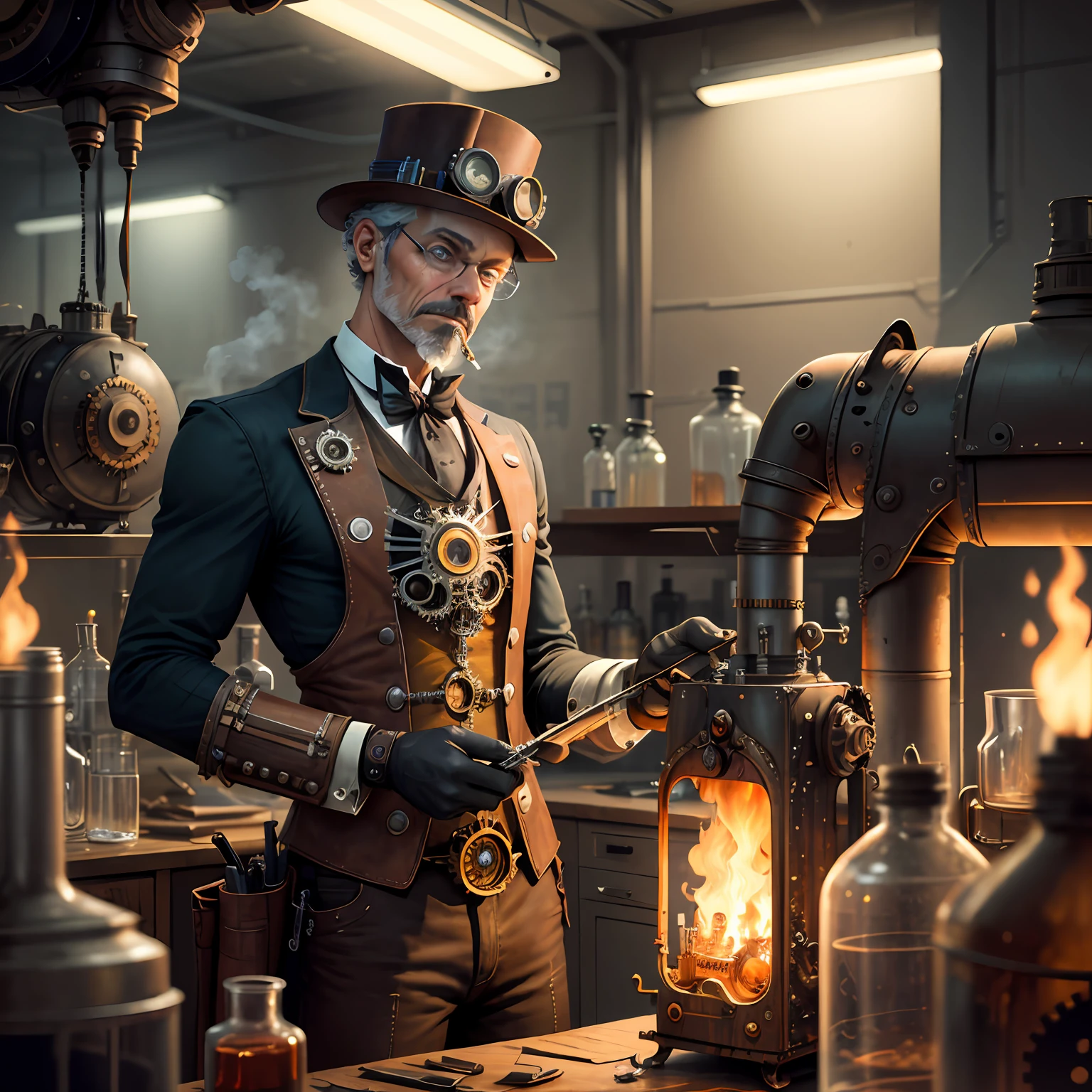 Steampunkai, inventor working in a laboratory