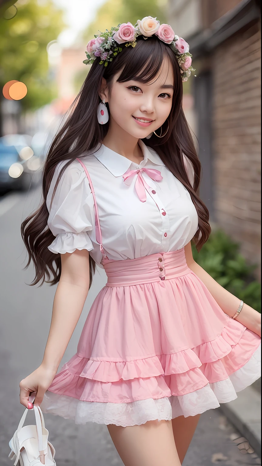 (Top Quality, 8k, 32k, Masterpiece, UHD: 1.2), 1 Girl, Beautiful Woman, Thin Waist, High School Student, Standing (Girly Fashion), (Pastel Colors, Ruffled Clothes, Clothes with Ribbons, Floral Dresses, Blouse with Lace, Socks with Ruffles, Loafer Pumps), Cinematic Light, (Pose with Bite: 1.2), (Smile at Whoever You Like),