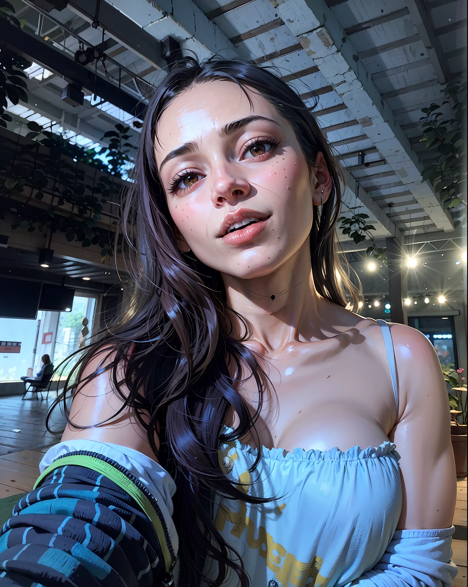 a hyper-realistic portrait of a young woman, under a tree, inside a forest, in the middle of nature, 22 years old, realistic, (lying on her side), sexy, (huge breasts 2:1), short brown hair, (hair tied with bows), curved, SFW