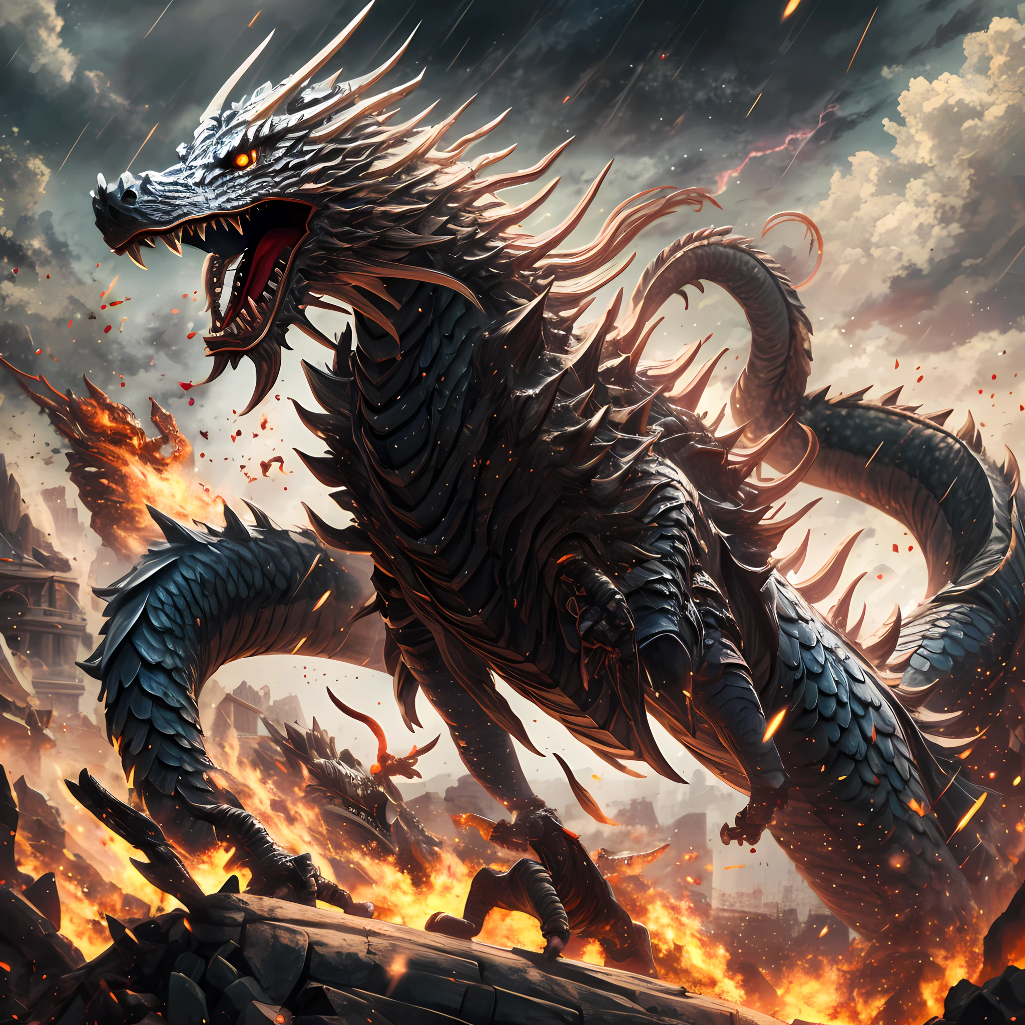 Masterpiece, best quality, epic silver dragon knight, it wears exquisite silver armor, helmet, intricate design, clouds, sky, thunder, movie lights, 4k,