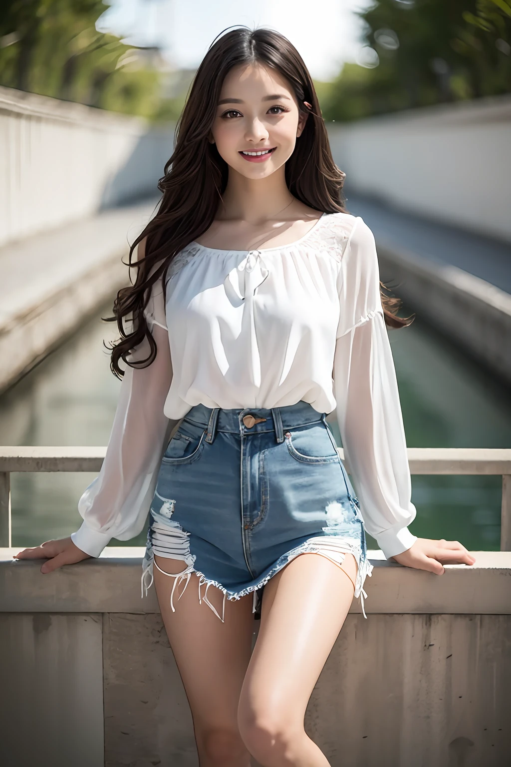 (8k, Best Quality, Masterpiece:1.2), (Realistic, Photorealistic:1.37), Ultra Detailed, Small,1 Girl,Cute,Solo,Beautiful Detailed Sky,Date,(Blush),(Smile:1.15),(Closed Mouth)Small Breasts, Delicate Body、Black Eyes、Neat,Beautiful Detailed Eyes,(Long Hair: 1.2)Black Hair,Floating Hair NovaFrogStyle, Full body, Thin legs, White blouse