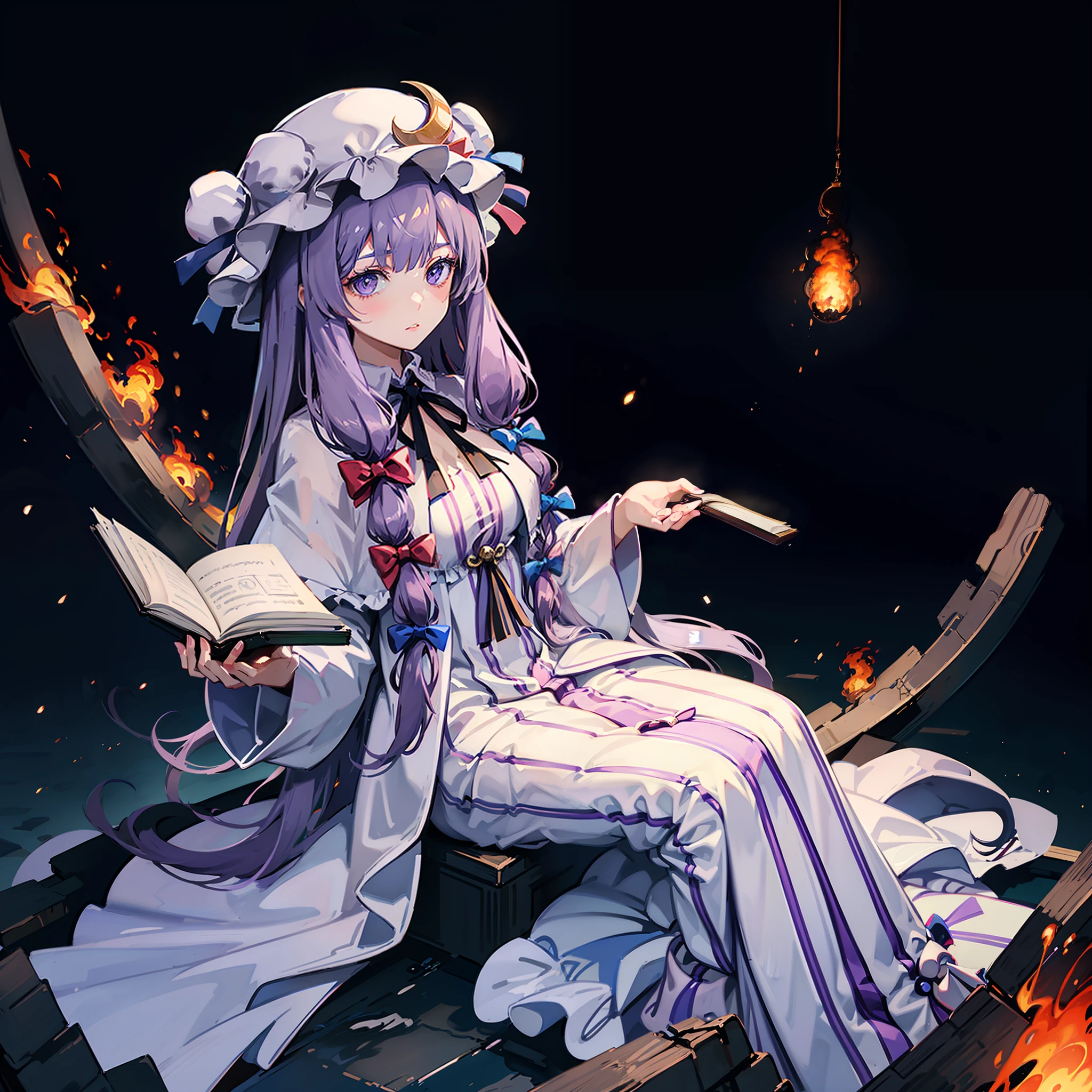 the girl is holding a book near a large cluster of fire in her hand, 1girl, patchouli knowledge, purple hair, book, solo, hat, purple eyes, mob cap, dress, long hair, hat ornament, bow, crescent hat ornament, red bow, looking at viewer, crescent, holding book