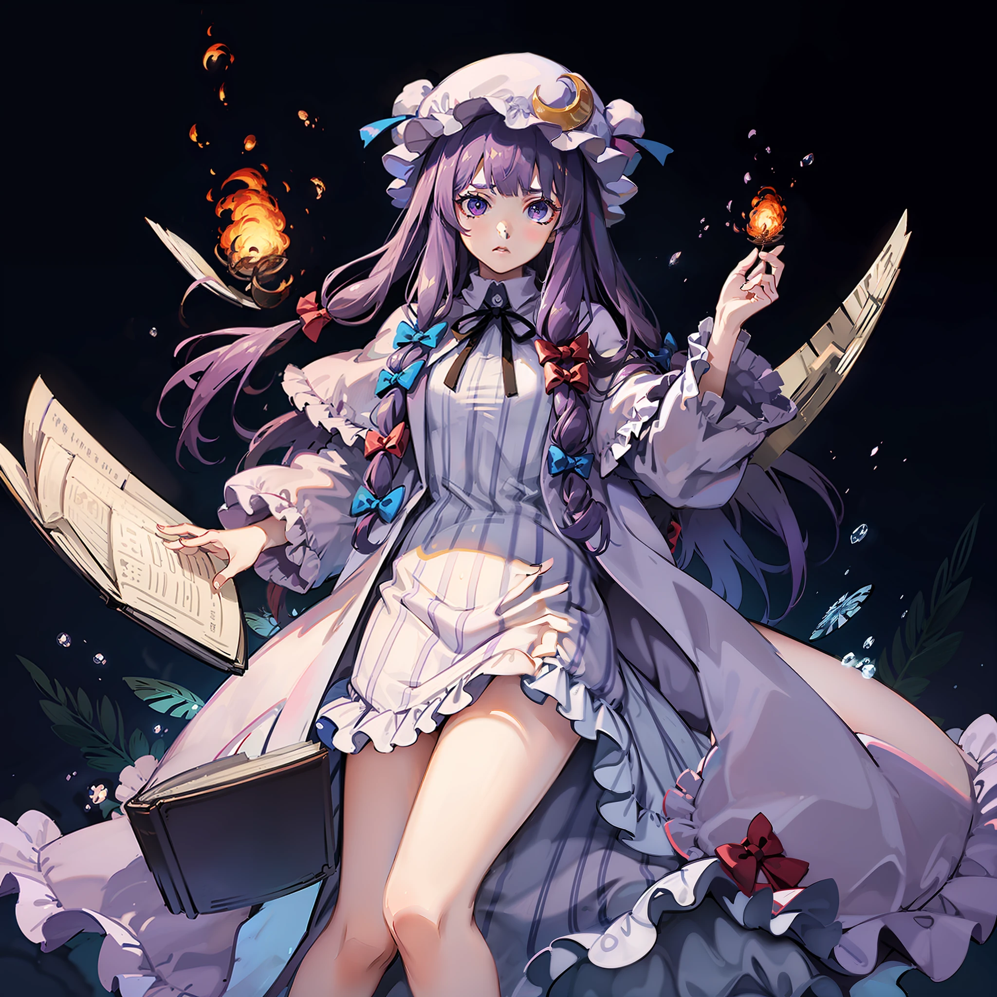 the girl is holding a book near a large cluster of fire in her hand, 1girl, patchouli knowledge, purple hair, book, solo, hat, purple eyes, mob cap, dress, long hair, hat ornament, bow, crescent hat ornament, red bow, looking at viewer, crescent, holding book