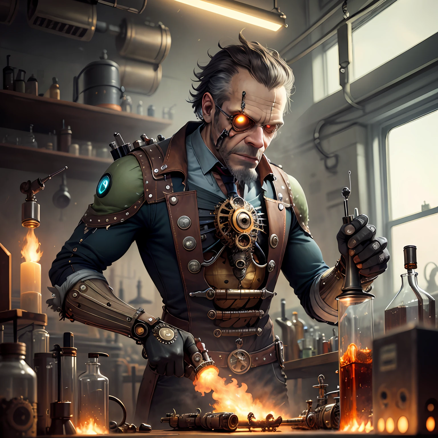 Steampunkai, inventor working in a laboratory creating (Frankenstein)