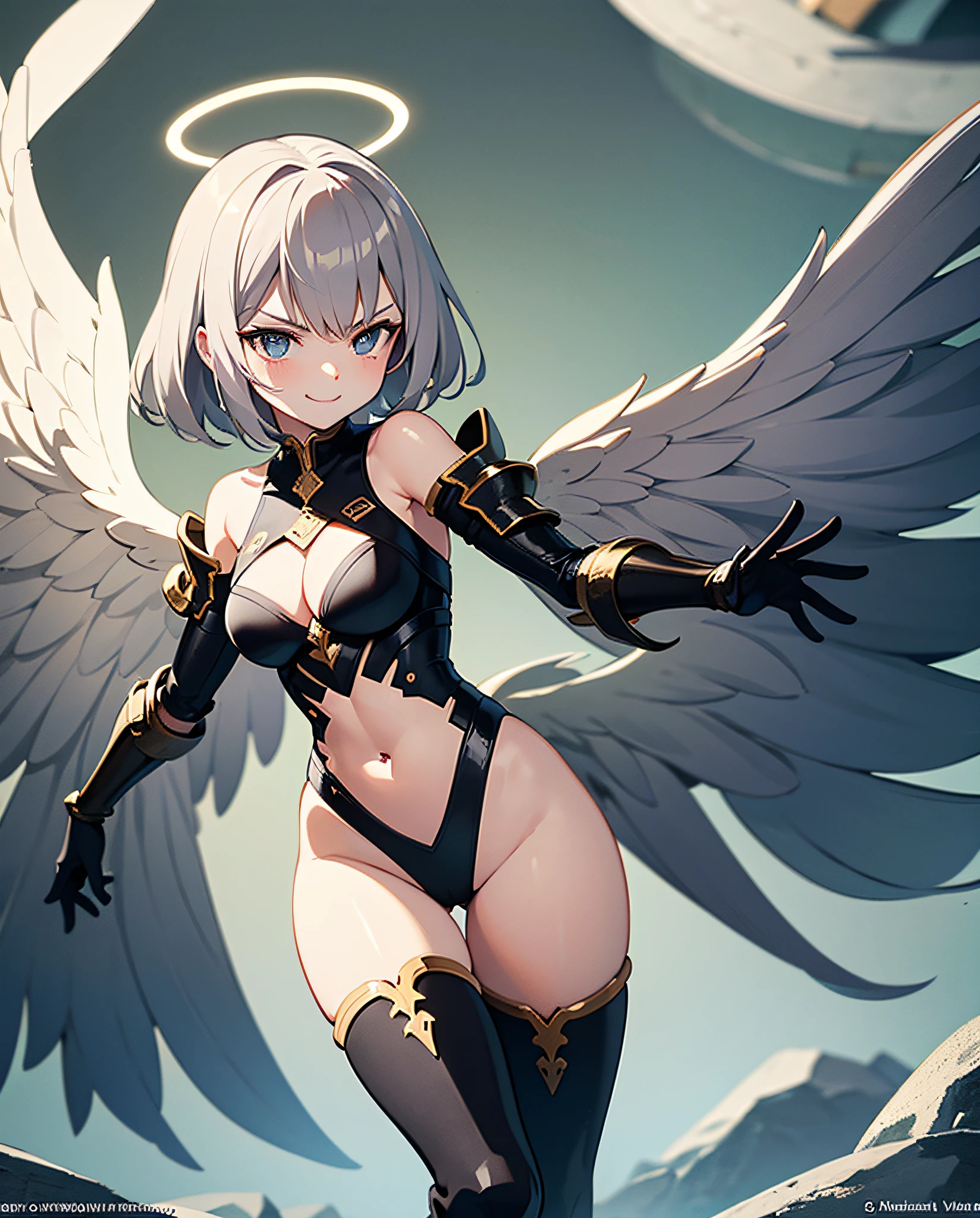 fantasy, 1angel_girl,, loli,medium_bob_hair, long_bangs, halo,bare_shoulder,thighhighs,silver_armor, waist_armor, large_breasts,angry,smile, 1pair_wings, dynamic_ pose_fighting,floating, bare_crotch, headgear,gauntlet, greaves,city_sky_background,slightly_spread_legs, solo, groin_naked,(masterpiece, best quality, best quality, official art, beautiful and aesthetic:1.2), (1 girl), very detailed,