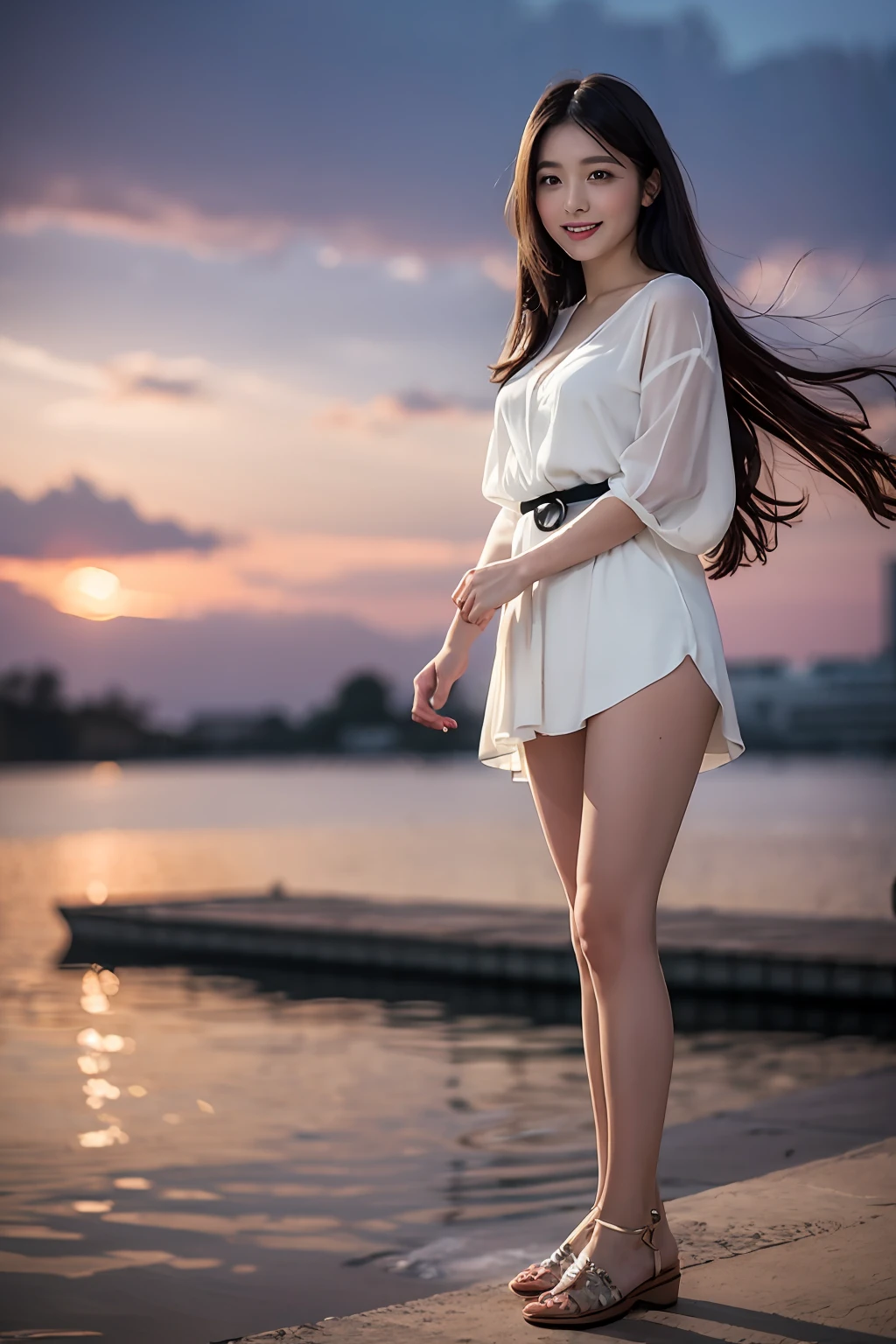 (8k, Best Quality, Masterpiece:1.2), (Realistic, Photorealistic:1.37), Ultra Detailed, Small,1 Girl,Cute,Solo,Beautiful Detailed Sky,Date,(Blush),(Smile:1.15),(Closed Mouth)Small Breasts, Delicate Body、Black Eyes、Neat,Beautiful Detailed Eyes,(Long Hair: 1.2)Black Hair,Floating Hair NovaFrogStyle, Full body, Thin legs, White blouse