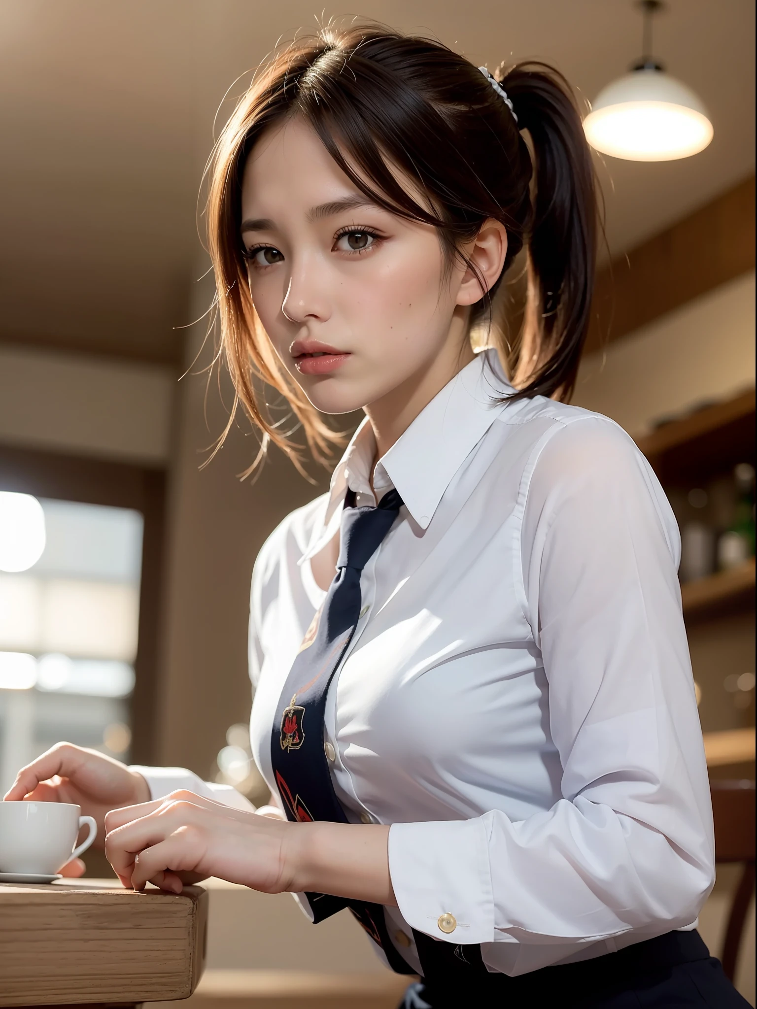 ((Best quality, 8k, Masterpiece: 1.3, raw photo)), Sharp focus: 1.2, (1 aespa girl: 1.2), (realistic, photo-realistic:1.37), (face focus: 1.1), cute face, small breasts, flat chest, short messy hair, or pony tail, sitting, cafe, bar, white shirt, business skirt, from below, sunlight, cinematic lighting