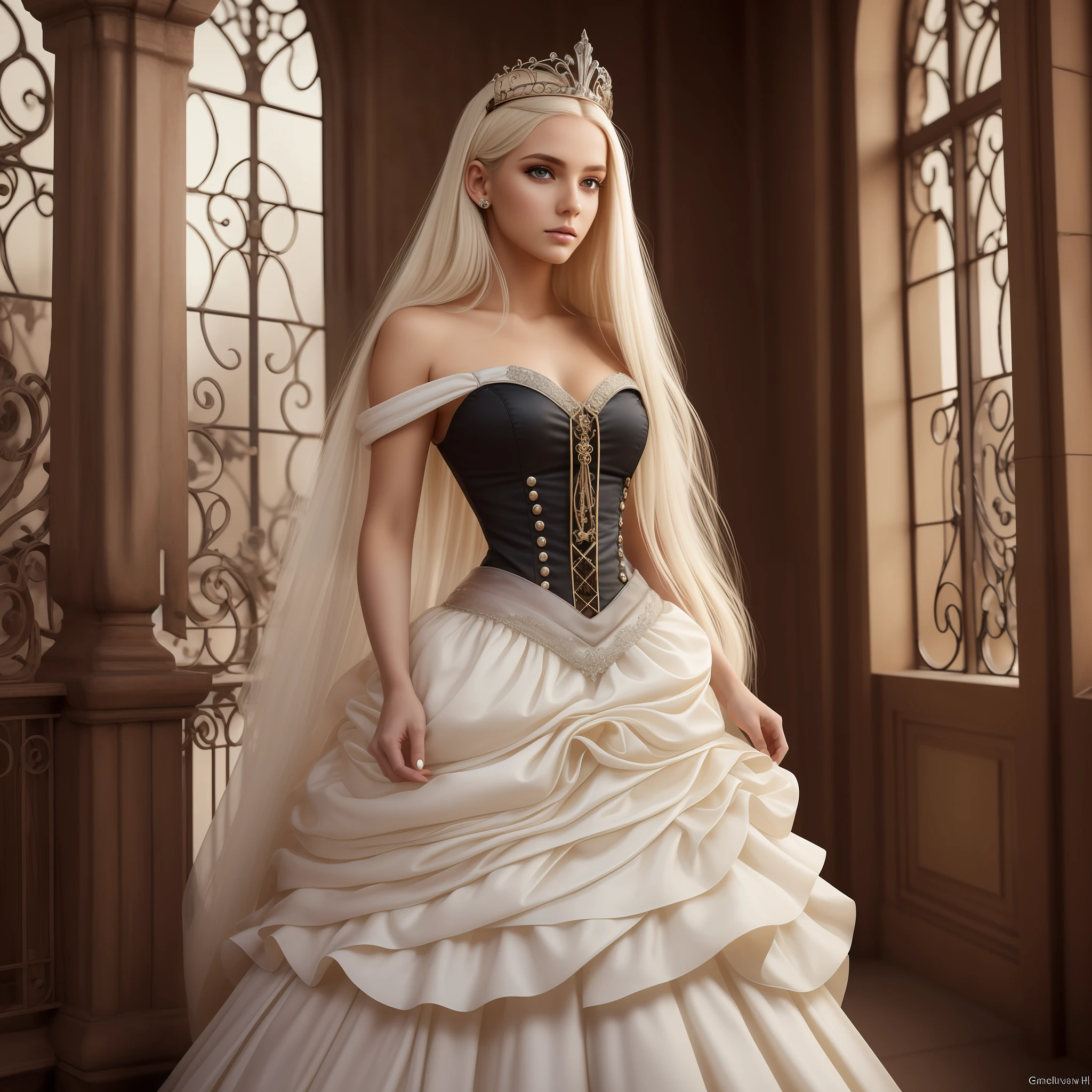 (Complex Details), 22 years old, Mystic Beauty,Perfect Face, Makeup:1.5, Bright on Face, Facial Detail, Long Hair,Platinum Blonde Hair,Straight Hair,Steampunk,Princess Dress,Um Home Addressive, Conceptual Art, Realism, Godley, Film Lighting, Multiview, Canon, High Detail, High Quality, HD, 16k, Full Body Shot,Full Body