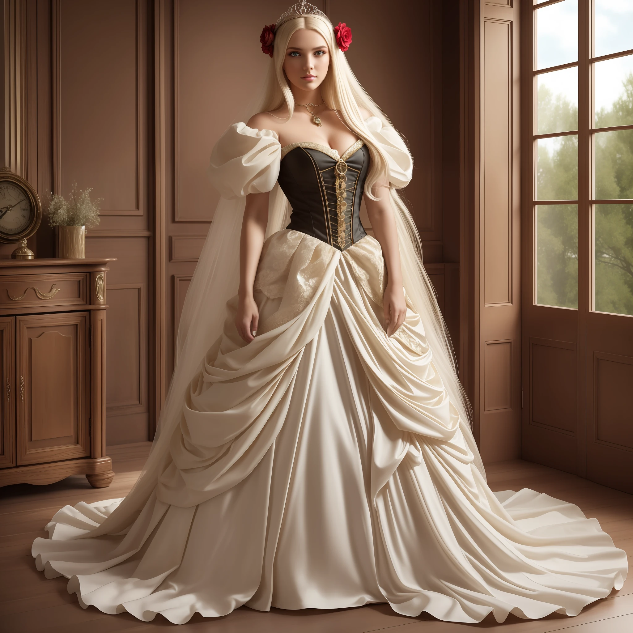 (Complex Details), 22 years old, Mystic Beauty,Perfect Face, Makeup:1.5, Bright on Face, Facial Detail, Long Hair,Platinum Blonde Hair,Straight Hair,Steampunk,Princess Dress,Um Home Addressive, Conceptual Art, Realism, Godley, Film Lighting, Multiview, Canon, High Detail, High Quality, HD, 16k, Full Body Shot,Full Body