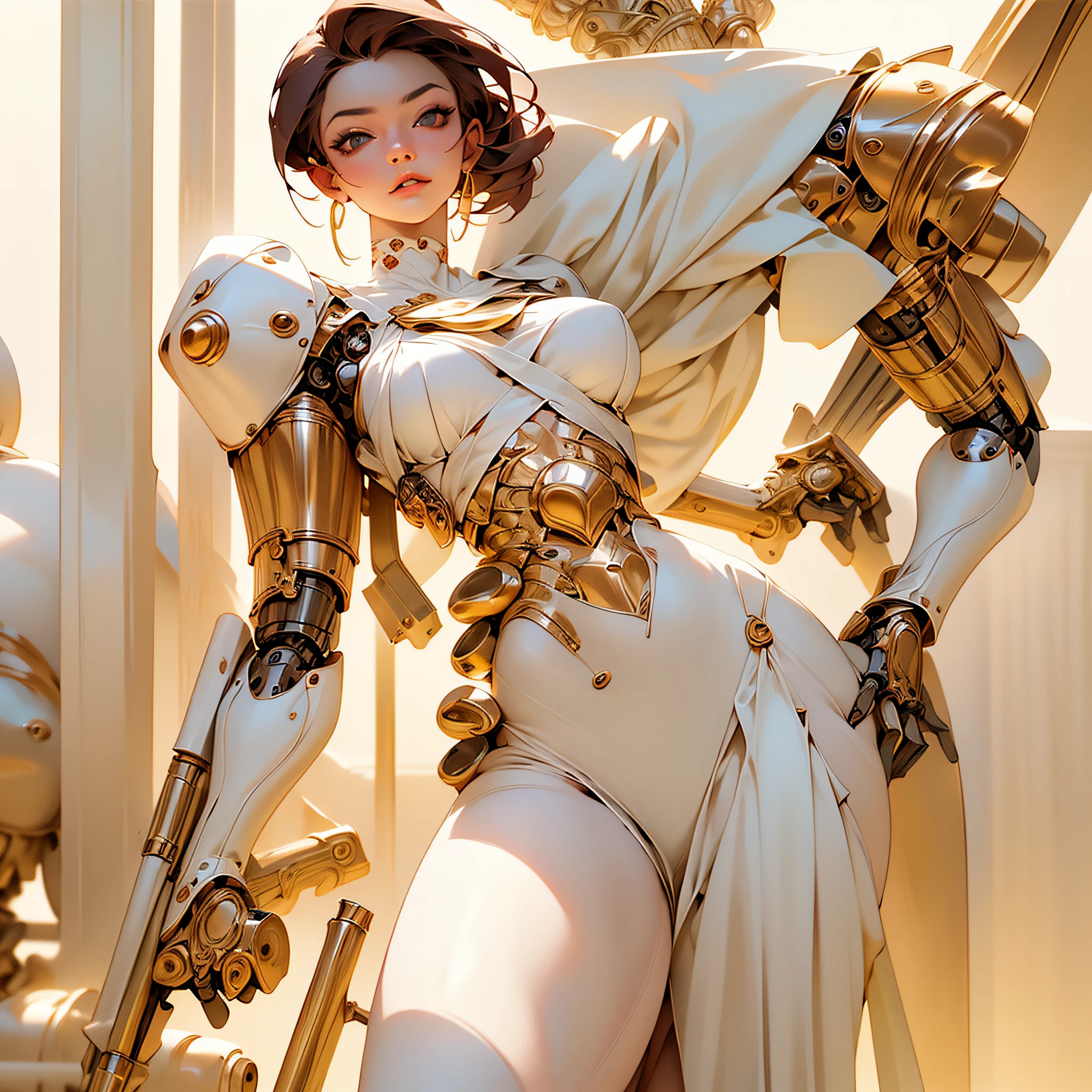 (masterpiece), (best quality), photorealism, realistic, ultra detailed, perfect face, perfect body, 1girl, beautiful girl, Greek goddess, Greek clothes,peplos, stand, sexy, robotic arm, mechanical