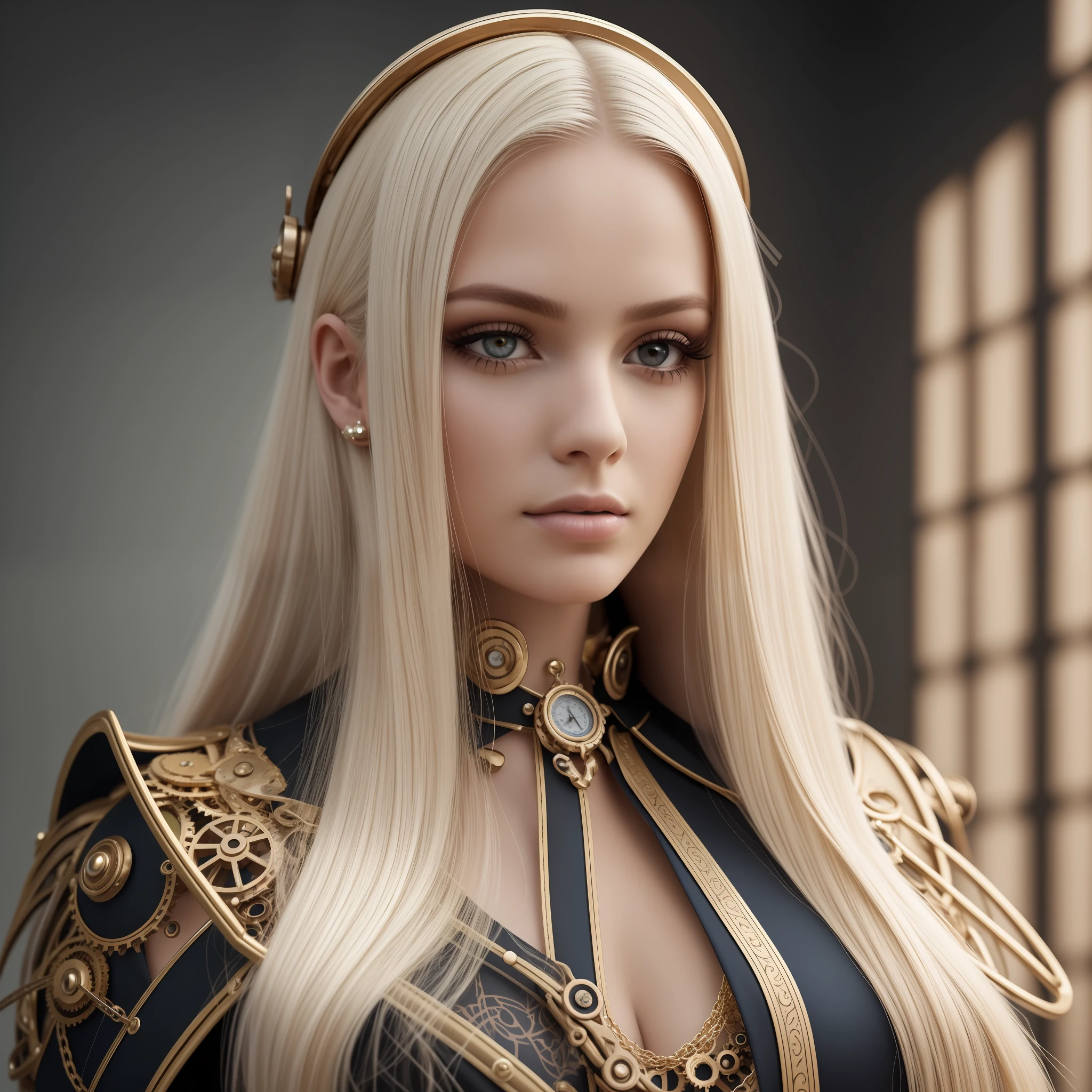 (Complex Details), 22 years old, Mystic Beauty,Perfect Face, Makeup:1.5, Bright on Face, Facial Detail, Long Hair,Platinum Blonde Hair,Straight Hair,Steampunk,Princess Dress,Um Home Addressive, Conceptual Art, Realism, Godley, Film Lighting, Multiview, Canon, High Detail, High Quality, HD, 16k, Full Body Shot,Full Body