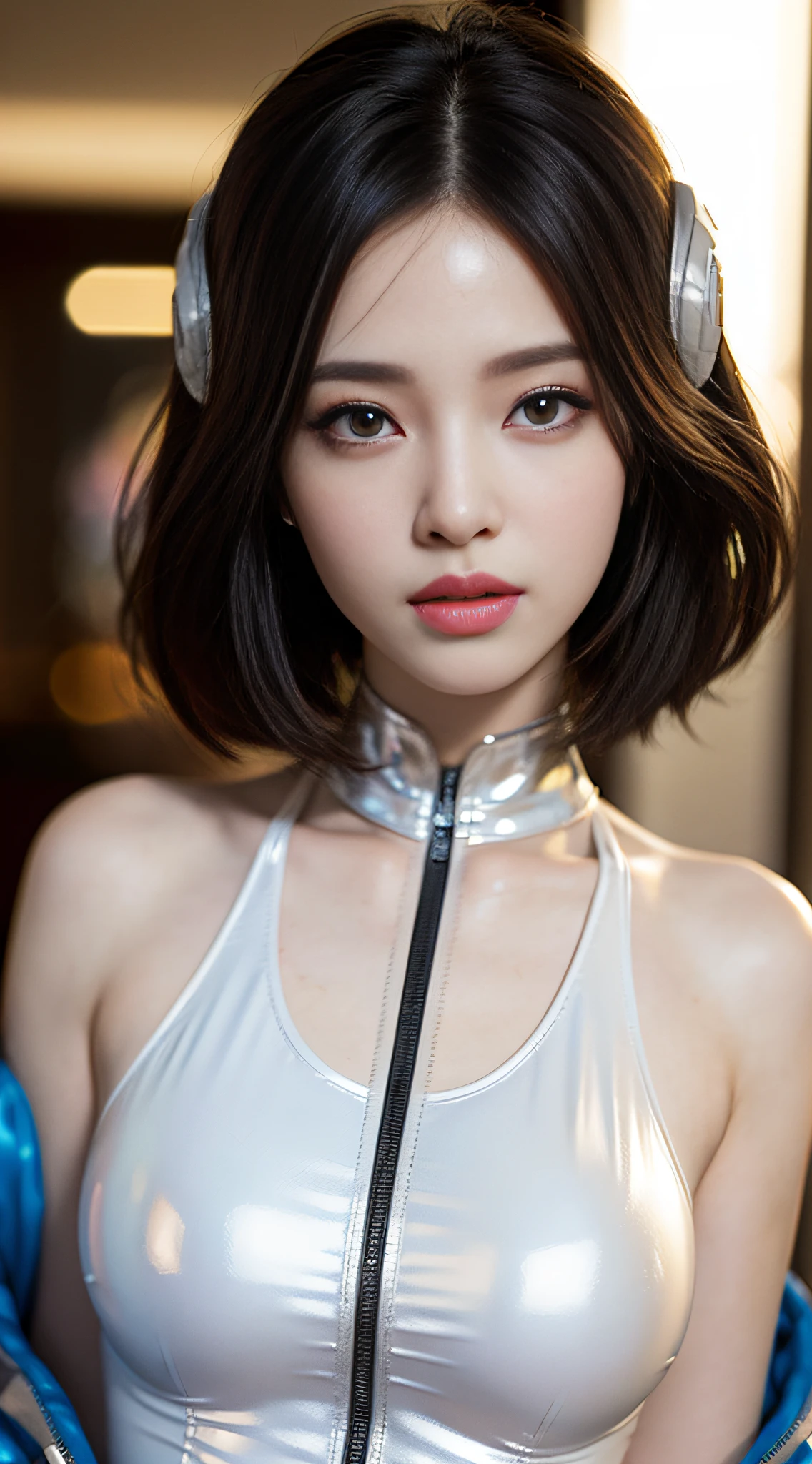 1 brunette beauty, (white) (one-piece tight latex suit), (spacesuit) ((spacehelmet))((white gloves), {{illustration}}, {extreme sophistication and beauty}, {delicate makeup}, ultra-detailed, sexy, delicate glowing eyes, {{cinematic light}}, extreme light effect, model: cinematic realism, CFG scale: 12, LoRA: bright texture (1.35), high quality, masterpiece, delicate facial features, delicate hair depiction, delicate eye portrayal, masterpiece, highest quality, ray tracing, extremely detailed CG unity 8k wallpaper, masterpiece, best quality
