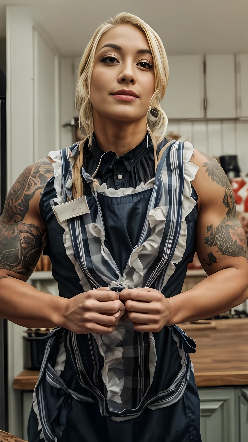 photo of therock as a playful maid, 1girl, undercut hair, apron, amazing body, pronounced feminine feature, busty, kitchen, blonde medium hair, flirting with camera