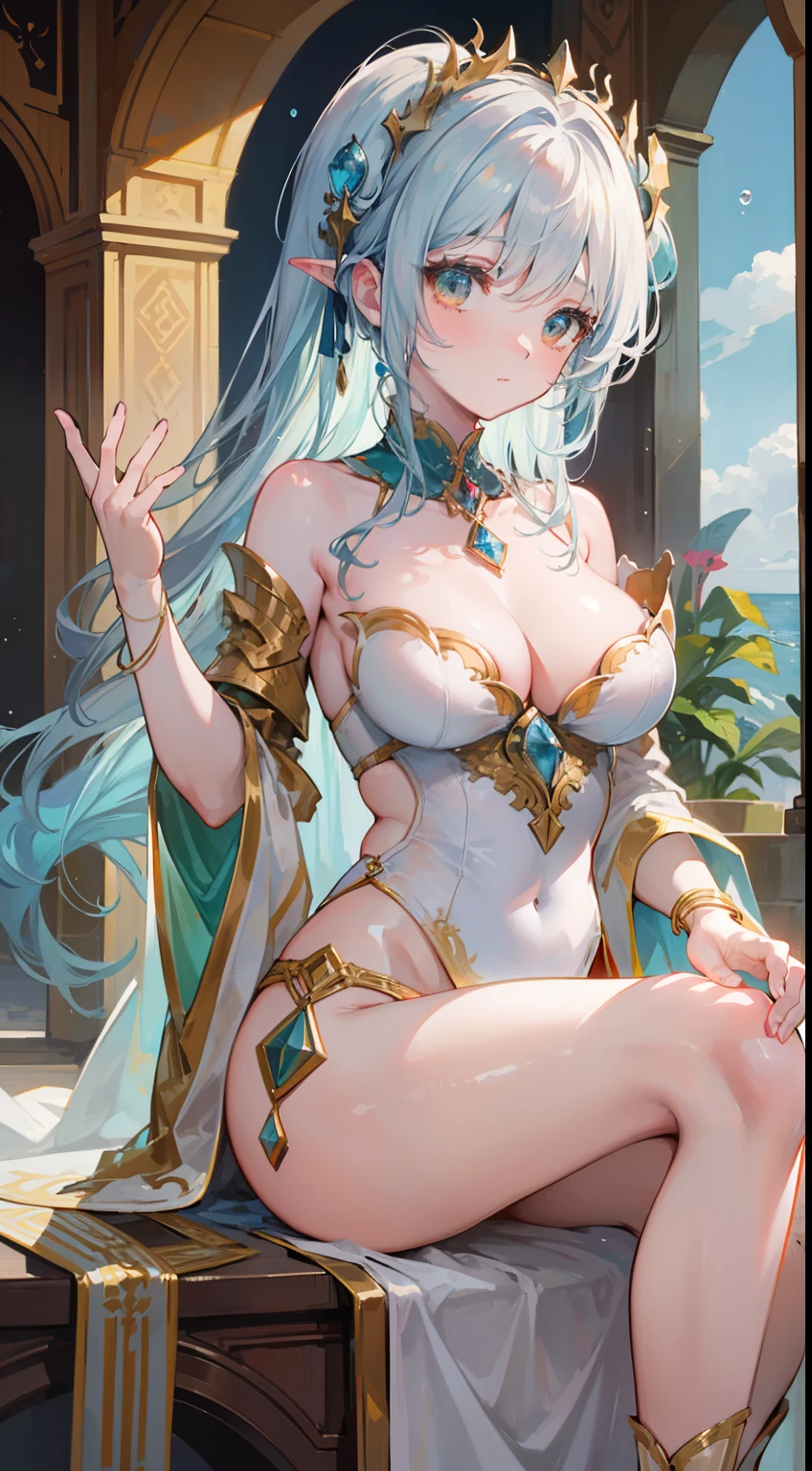 A beautiful portrait of the highest quality, masterpiece, exquisite CG, light blue long-haired girl, in the sea, delicate and intricate hair accessories, dragon horns, upper body and lower body dragon tail, golden eyes and long eyelashes, floating hair, highlights, bubbles, panorama, wide-angle lens, absolutely beautiful, charming, perfect, ultra-clear, HD