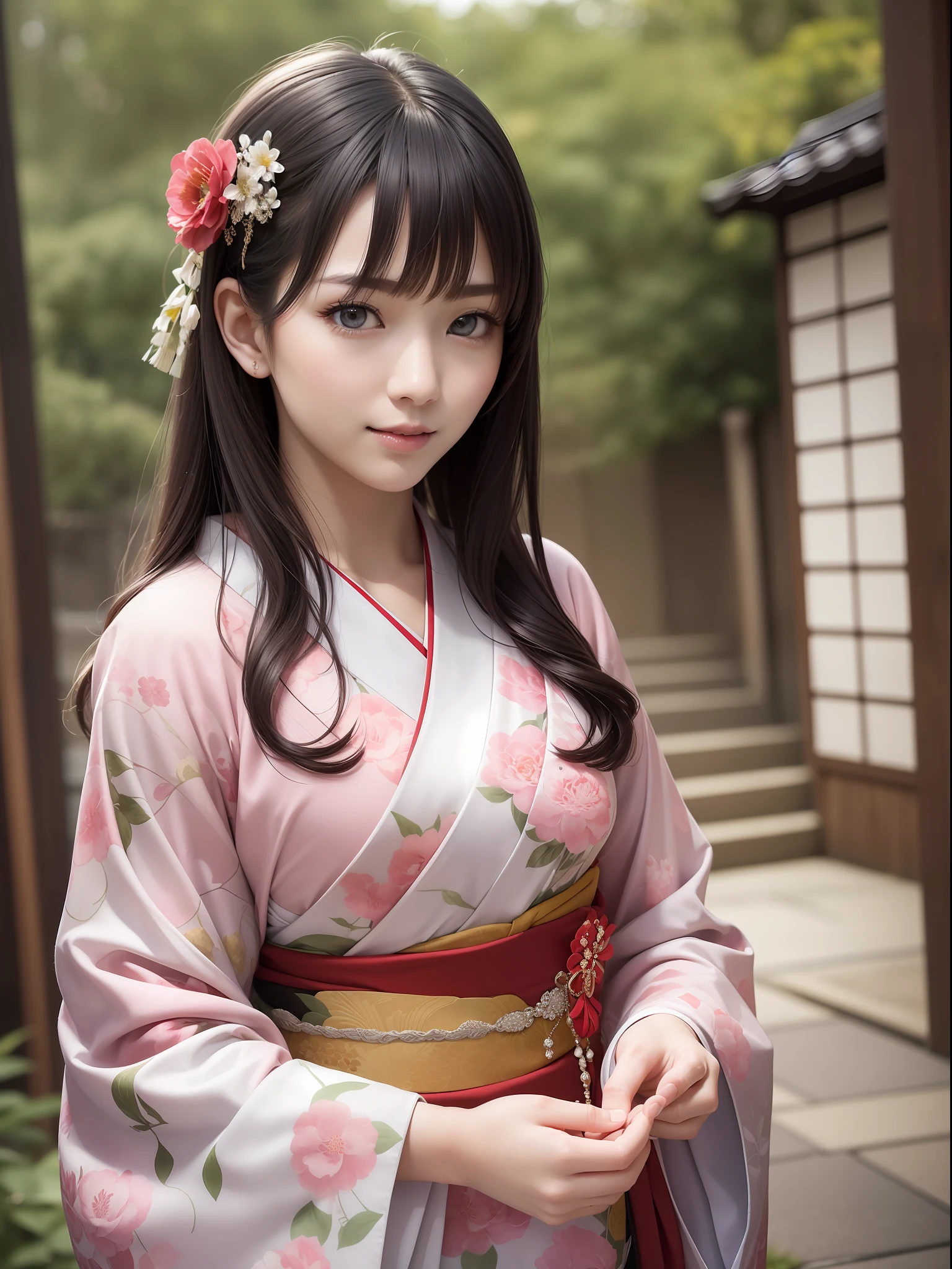 Masterpiece, Best quality, (Realistic, Photorealistic:1.37)))), (1 person)), 8k, Very delicate and beautiful, Fantastic, Official art with attention to detail, Ridiculous, Incredibly ridiculous, Huge file size, Ultra detailed, Very detailed, (Beautiful girl), (Detailed girl), Very detailed eyes and face, Beautiful detailed eyes, Light makeup, (1 girl), (perfect female figure), Slim waist, (Japan beauty), ((full body)), with bangs, Feminine look, Gentle smile, (furisode), (Japan kimono), Japan daggers, (20years old), Japan garden,