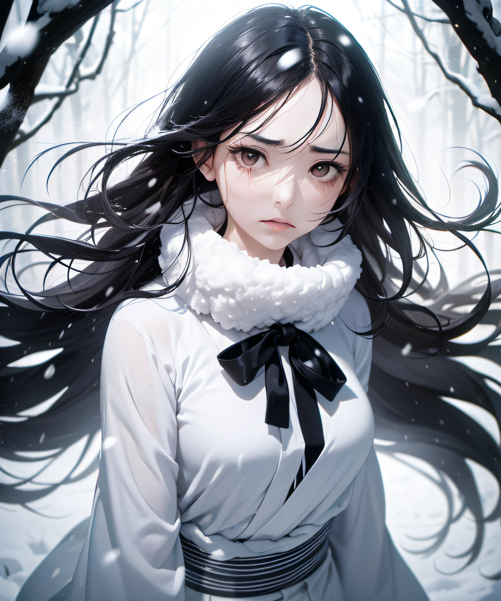 Top Quality, Realistic, Jet Black Background, High Resolution, Soft Focus, (Snowfall: 1.5), (Haze: 1.5), (In the Deep Forest), (Falling Snow), ((Snow Light)), (Snow Storm)), (Snow Storm)))), (Ghost of a beautiful snow woman with jet-black long black hair in a white silver yukata: 1.8), (((Fade out: 1.5))), Anger, Fury, Melancholy, (Shaking black hair), Hair gloss, glowing skin, beautiful and beautiful, (losing yourself in anger and forgetting the cold)), ((arms spread forward)), (monochrome: 1.5), (black and white: 1.5), (glaring platinum eyes), whiteout, white and white, gradient, fade out lower body