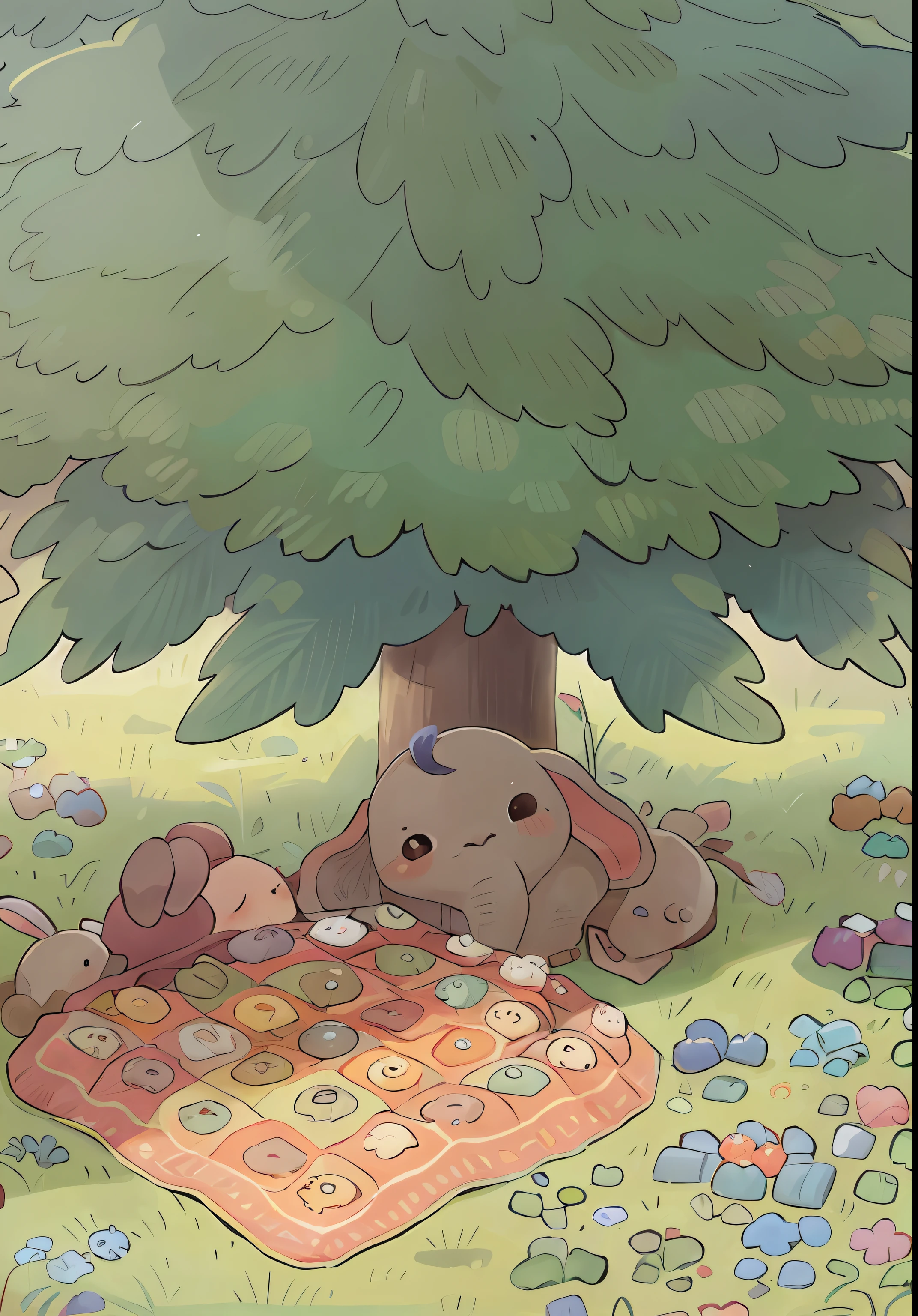 Under the tree there are three rabbits covered with quilts and baby elephants leaning on the side, in the field.