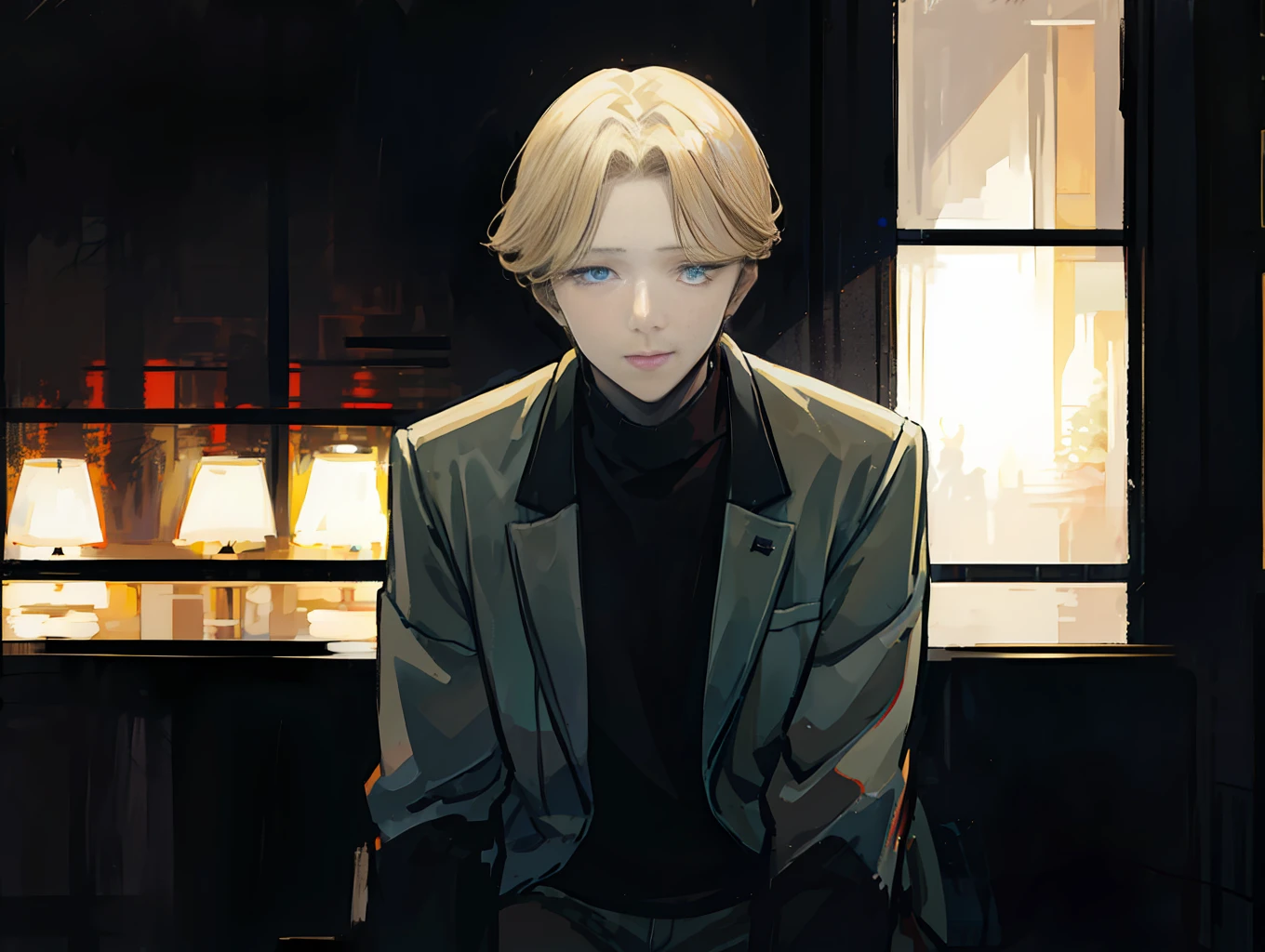 photo of a cool boy ,face of Johan Liebert ,highlighted blonde hair , beautiful eyes ,skin pores,skin texture,wearing jean jacket and black hoodie, sitting outside of restaurant,dark, night view ,