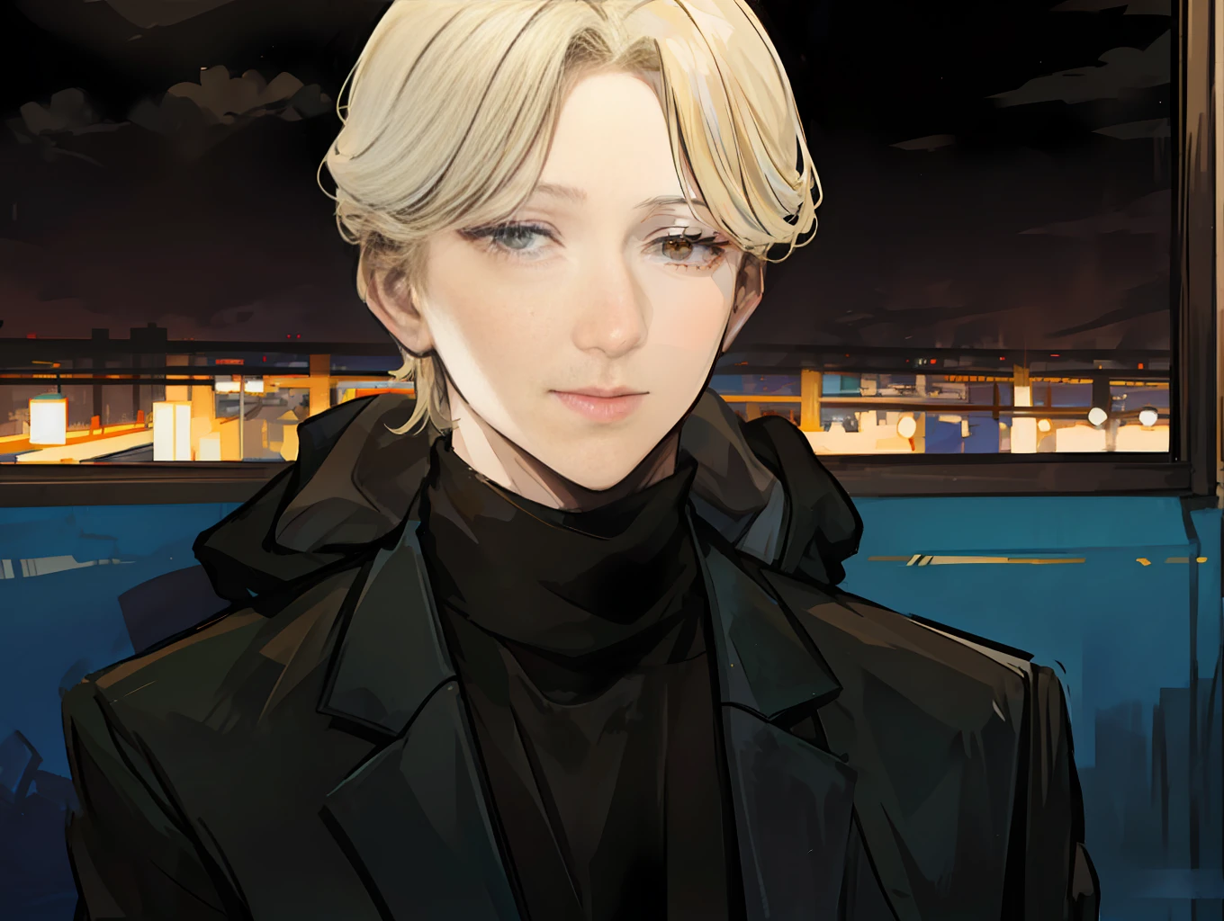 photo of a cool boy ,face of Johan Liebert ,highlighted blonde hair , detailed brown eyes ,skin pores,skin texture,wearing jean jacket and black hoodie, sitting outside of restaurant,dark, night view ,