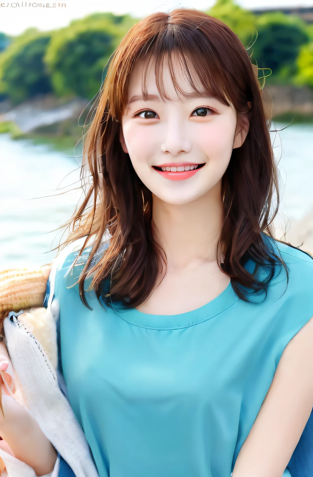 Smiling, blue clothes, by the river