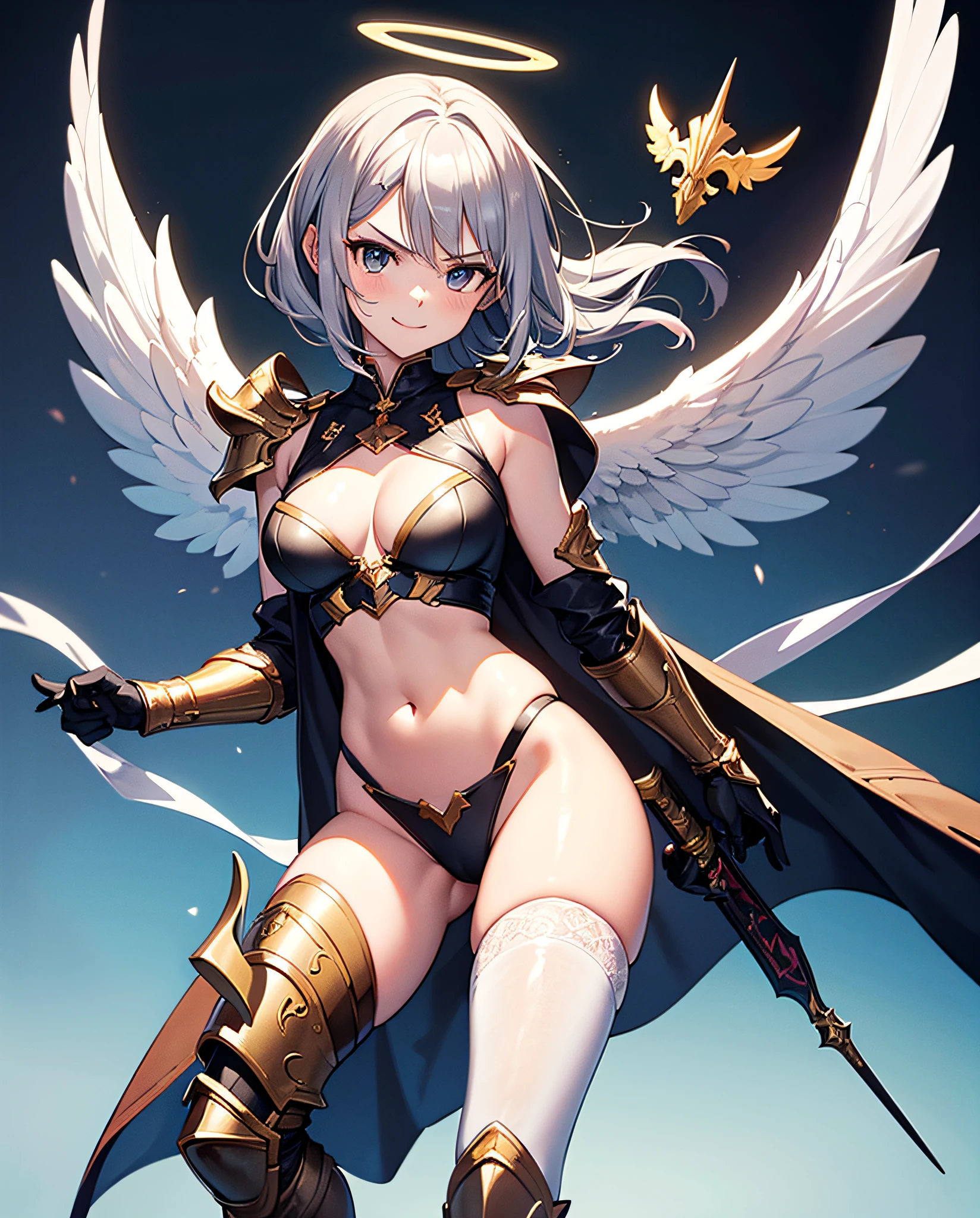 fantasy, 1angel_girl,, loli,medium_bob_hair, long_bangs, halo,bare_shoulder,thighhighs,silver_armor, waist_armor, large_breasts,angry,smile, 1pair_wings, dynamic_ pose_fighting,floating, bare_crotch, headgear,gauntlet, greaves,city_sky_background,slightly_spread_legs, solo, groin_naked,(masterpiece, best quality, best quality, official art, beautiful and aesthetic:1.2), (1 girl), very detailed,