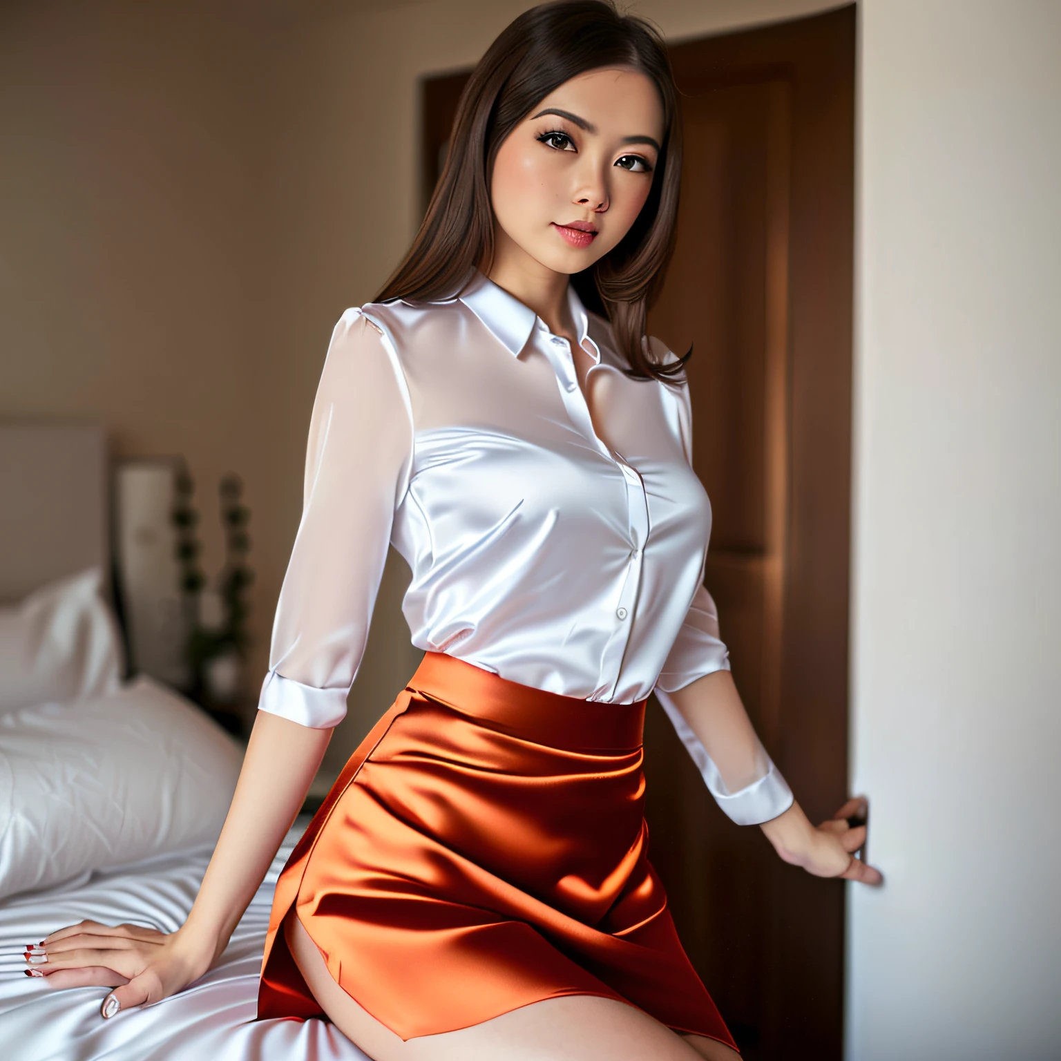 wearing satin skirt, see woman face, in bedroom --auto
