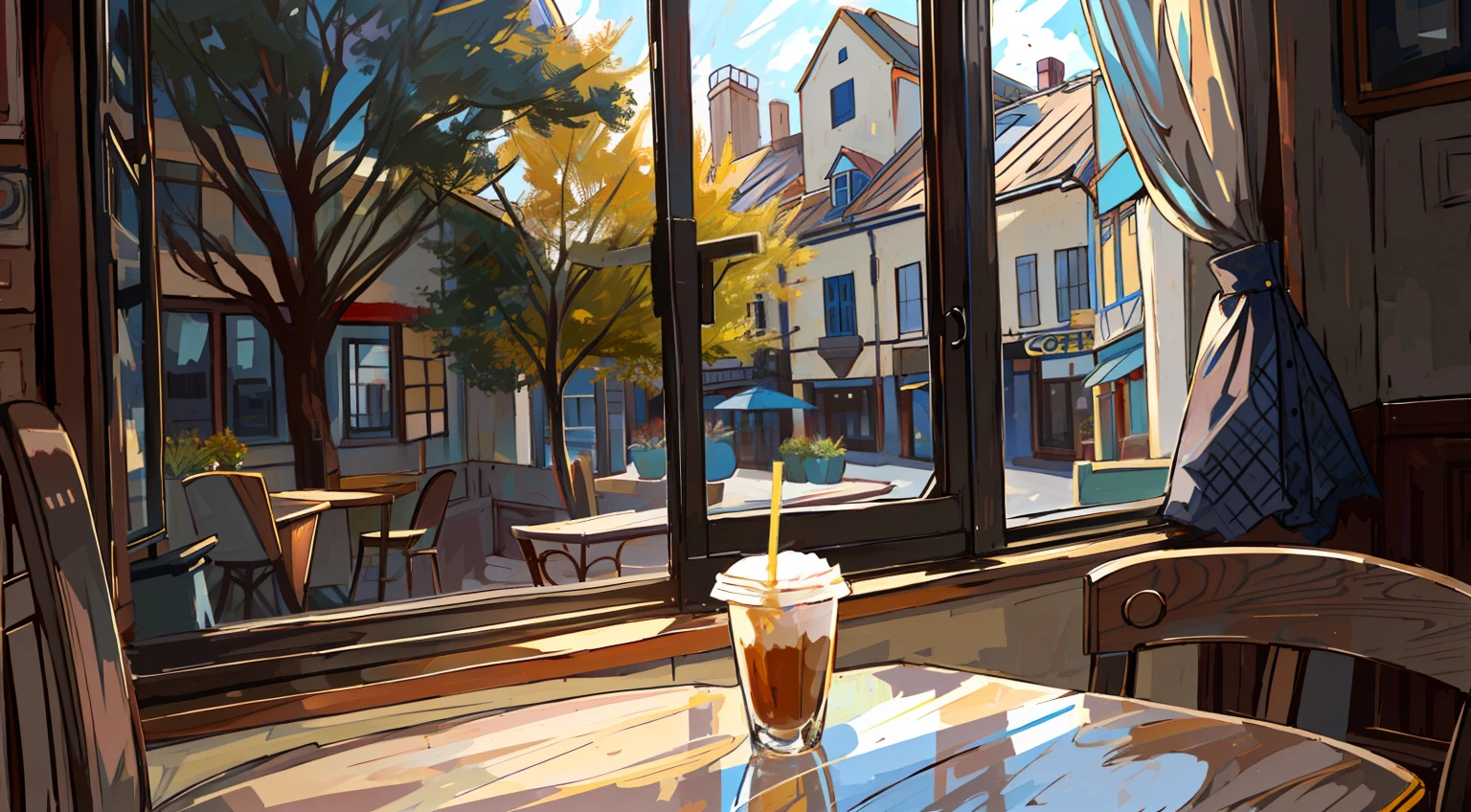 There is a table in front of the window with coffee on it, window. Next to it is a large window that looks through the window is open, vibrant atmosphere, beautiful sunny days, city view in the window, windows and city background, large windows to the French town