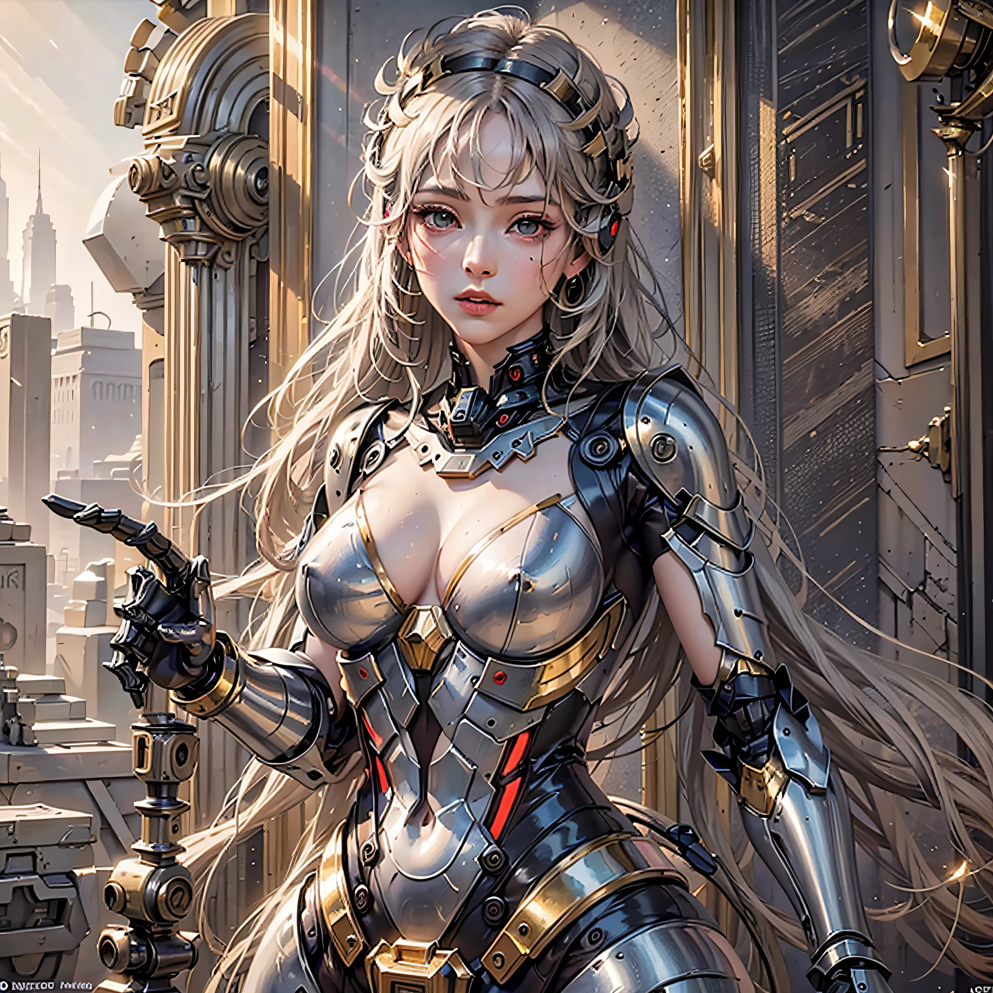 (masterpiece), (best quality), photorealism, realistic, ultra detailed, perfect face, perfect body, 1girl, beautiful girl, Greek goddess, Greek clothes,peplos, stand, sexy, robotic arm, mechanical