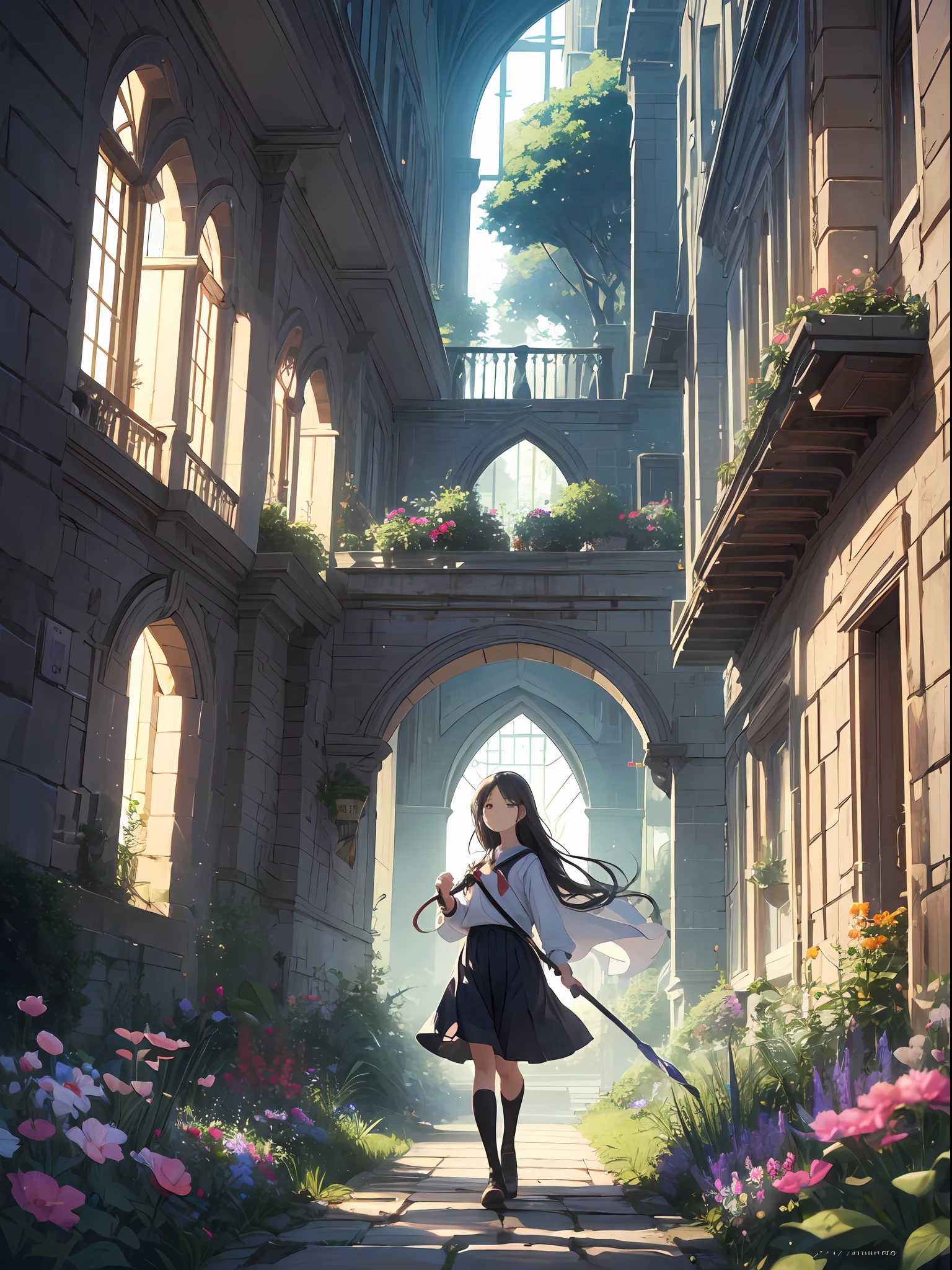 Titled "The Girl Wizard from Another World," the painting depicts a girl wielding magic in an exclusive castle garden. A beautiful otherworldly castle spreads out in the background, and the garden located inside creates an atmosphere as if you have opened a door to another world.

In the center of this scene stands Japan elementary school girls in elementary school uniforms. Her face is innocent and has an expression that makes her wish for something. In her hand is a luxurious wand, from which mighty magical powers are emitted. Its energy is so powerful that the beam of light makes a large trajectory in the sky.

The charm of this painting lies in the power of the girl and the beauty of the garden, as well as the skillful capture of the otherworldly atmosphere. And the girl's facial expressions and movements are very realistic, and have the power to draw the viewer into the place.

In addition, the light and shadow production is also stunning. The beam of light emitted by the wand brightly illuminates the garden and the castle, creating a sense of distance between the visible light source and the girl. Quality produces realistic images that can convey visual beauty and narrative appeal at the same time.
Setting: Otherworldly Gorgeous Castle Gardens
Main characters: Elementary school girl - Japan people, wearing elementary school uniforms. He is honest and curious, and has the talent of a hidden wizard.
Description: She stands in the garden with a gorgeous staff in her hand. He casts magic, and his power overflows from his wand and emits a glowing beam of light. The energy of the attack is explosive and leaves a trail of light in the sky.
Composition: Positioned so that the girl stands in the center and the camera makes the girl bigger from below. The beam of light emitted from the wand and its reflection cover the whole view, emphasizing the power of the girl and her influence.
Color: The light beam is bright blue, and the surroundings are gorgeous gardens and cast