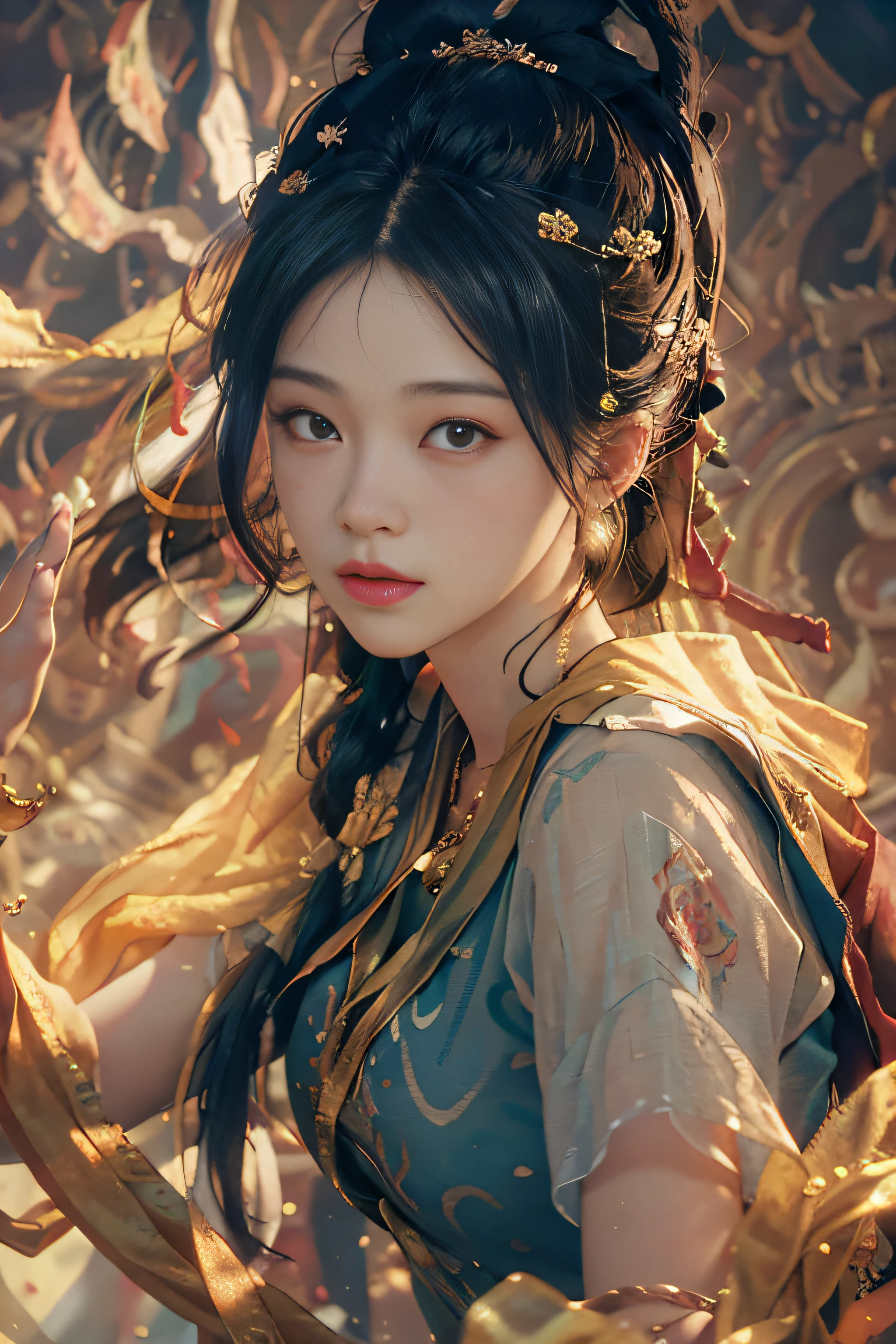 (RAW photo, best quality), (realistic, photo-realistic:1.3),best quality,highly detailed,masterpiece,ultra-detailed,illustration,1girl,upper_body,dynamic angle,world masterpiece theater,messy_long_hair,best quality,extremely detailed CG unity 8k wallpaper,ink,Amazing,cinematic lighting,lens_flare, dunhuang_style