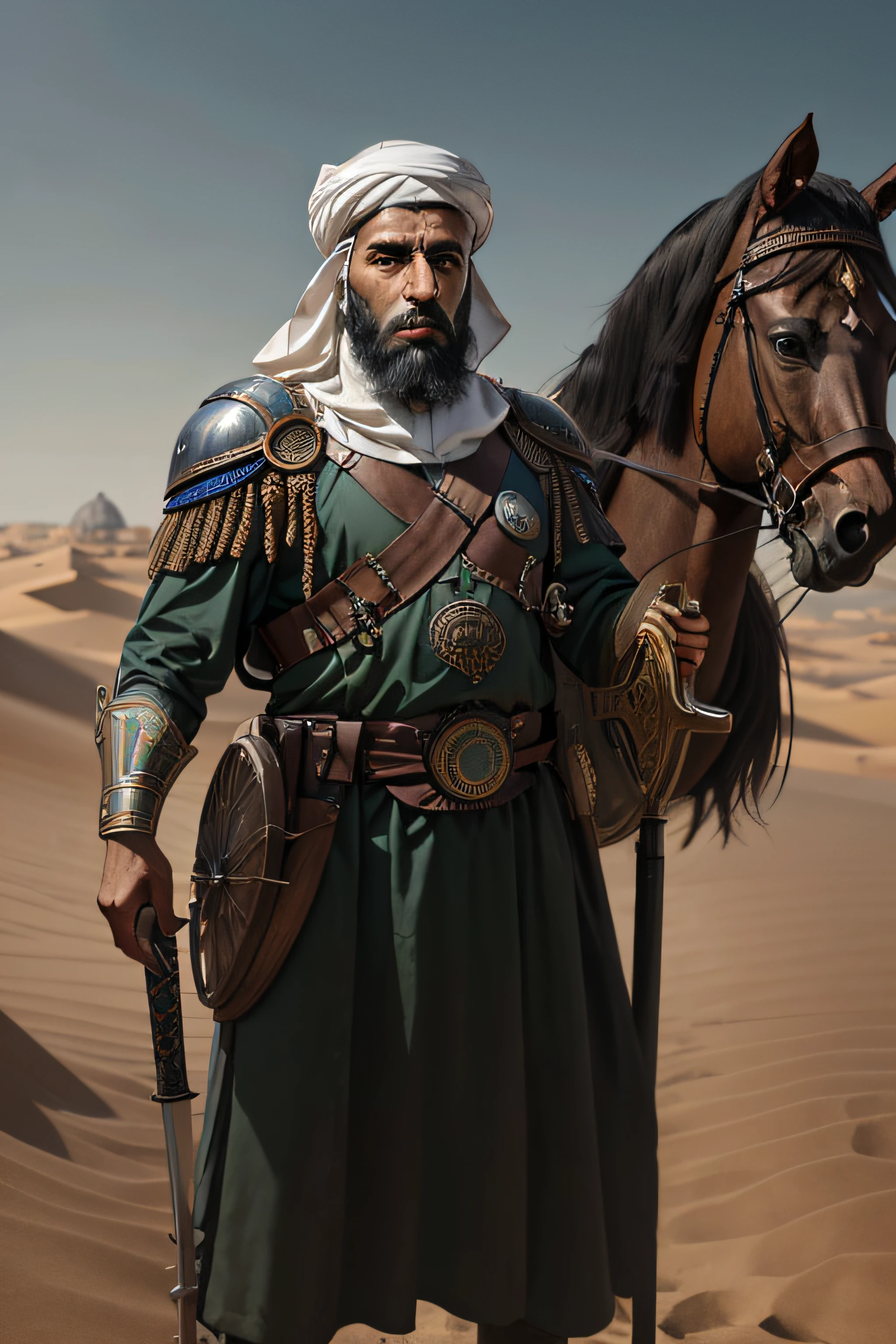 1 Muslim man, solo, photography, portrait of arabarmor man with group of army in dune, beard, shield, sword, realistic, absurdes, detailed,