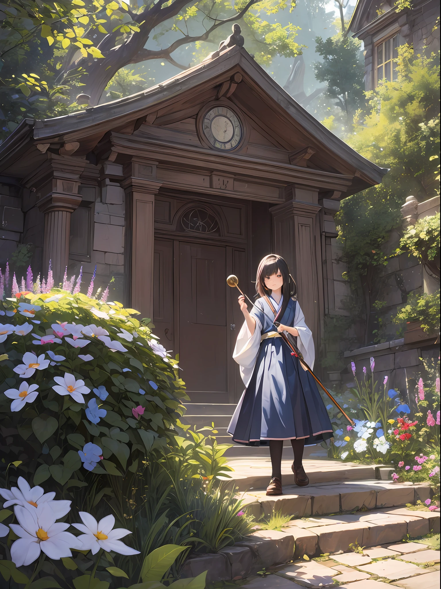 Titled "The Girl Wizard from Another World," the painting depicts a girl wielding magic in an exclusive castle garden. A beautiful otherworldly castle spreads out in the background, and the garden located inside creates an atmosphere as if you have opened a door to another world.

In the center of this scene stands Japan elementary school girls in elementary school uniforms. Her face is innocent and has an expression that makes her wish for something. In her hand is a luxurious wand, from which mighty magical powers are emitted. Its energy is so powerful that the beam of light makes a large trajectory in the sky.

The charm of this painting lies in the power of the girl and the beauty of the garden, as well as the skillful capture of the otherworldly atmosphere. And the girl's facial expressions and movements are very realistic, and have the power to draw the viewer into the place.

In addition, the light and shadow production is also stunning. The beam of light emitted by the wand brightly illuminates the garden and the castle, creating a sense of distance between the visible light source and the girl. Quality produces realistic images that can convey visual beauty and narrative appeal at the same time.
Setting: Otherworldly Gorgeous Castle Gardens
Main characters: Elementary school girl - Japan people, wearing elementary school uniforms. He is honest and curious, and has the talent of a hidden wizard.
Description: She stands in the garden with a gorgeous staff in her hand. He casts magic, and his power overflows from his wand and emits a glowing beam of light. The energy of the attack is explosive and leaves a trail of light in the sky.
Composition: Positioned so that the girl stands in the center and the camera makes the girl bigger from below. The beam of light emitted from the wand and its reflection cover the whole view, emphasizing the power of the girl and her influence.
Color: The light beam is bright blue, and the surroundings are gorgeous gardens and cast