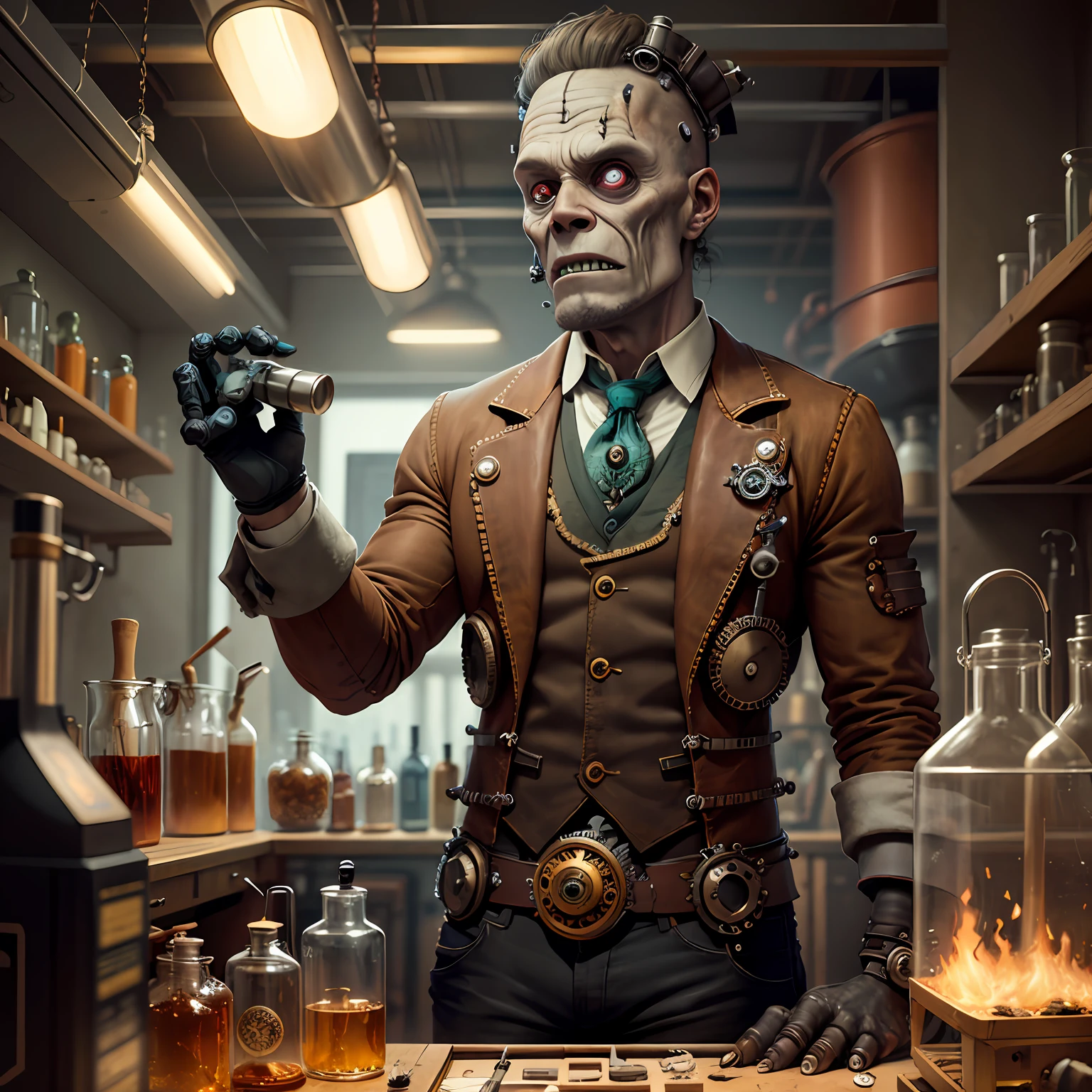 Steampunkai, crazy inventor, creating in his laboratory, al (frankenstein's monster)