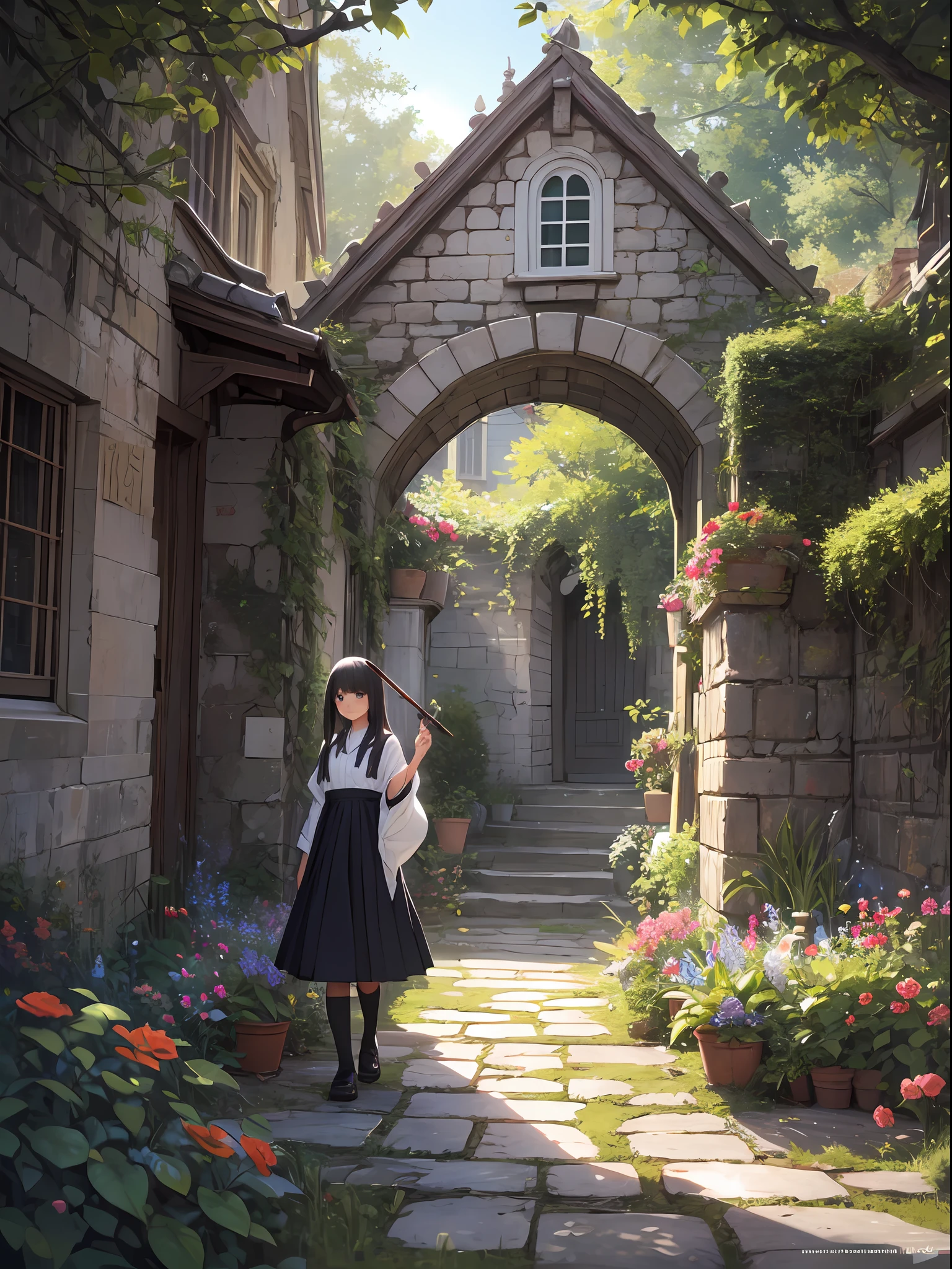 Titled "The Girl Wizard from Another World," the painting depicts a girl wielding magic in an exclusive castle garden. A beautiful otherworldly castle spreads out in the background, and the garden located inside creates an atmosphere as if you have opened a door to another world.
In the center of this scene stands Japan elementary school girls in elementary school uniforms. Her face is innocent and has an expression that makes her wish for something. In her hand is a luxurious wand, from which mighty magical powers are emitted. Its energy is so powerful that the beam of light makes a large trajectory in the sky.
The charm of this painting lies in the power of the girl and the beauty of the garden, as well as the skillful capture of the otherworldly atmosphere. And the girl's facial expressions and movements are very realistic, and have the power to draw the viewer into the place.
In addition, the light and shadow production is also stunning. The beam of light emitted by the wand brightly illuminates the garden and the castle, creating a sense of distance between the visible light source and the girl. Quality produces realistic images that can convey visual beauty and narrative appeal at the same time.
Setting: Otherworldly Gorgeous Castle Gardens
Main characters: Elementary school girl - Japan people, wearing elementary school uniforms. He is honest and curious, and has the talent of a hidden wizard.
Description: She stands in the garden with a gorgeous staff in her hand. He casts magic, and his power overflows from his wand and emits a glowing beam of light. The energy of the attack is explosive and leaves a trail of light in the sky.
Composition: Positioned so that the girl stands in the center and the camera makes the girl bigger from below. The beam of light emitted from the wand and its reflection cover the whole view, emphasizing the power of the girl and her influence.
Color: The light beam is bright blue, and the surroundings are gorgeous gardens and cast