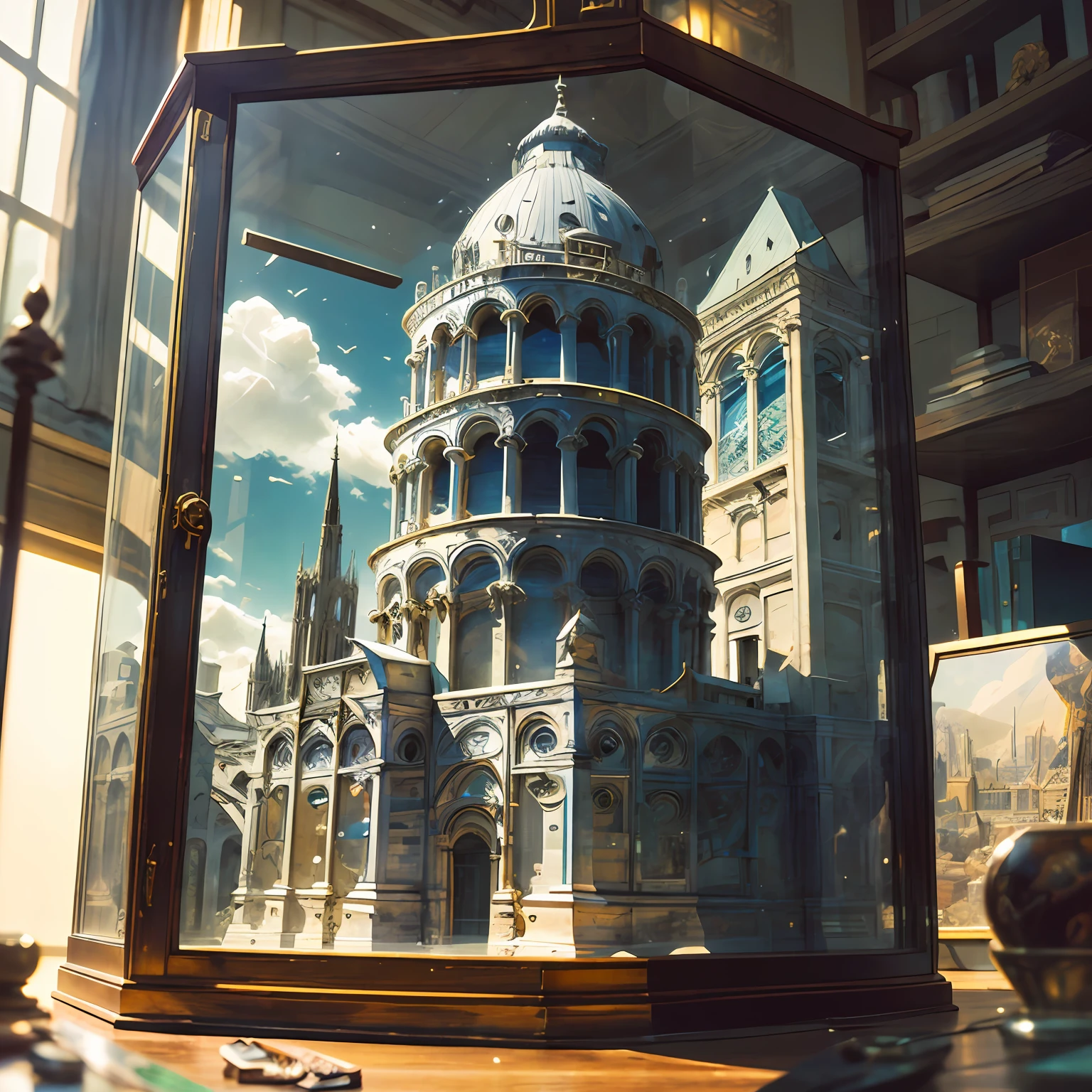 GlassSteelAI, (best quality:1.15), (masterpiece:1.17), (detailed:1.15), (realistic:1.2), (intricate:1.3),analog style, Dappled Light, close up, cinematic light, sidelighting, ultra high res, best shadow, RAW, (Leaning Tower of Pisa) , (KnollingCaseQuiron style), glass case, display case, (KnollingCase:1.5), no humans, scenery, still life, mirror, box, reflection, crystal,