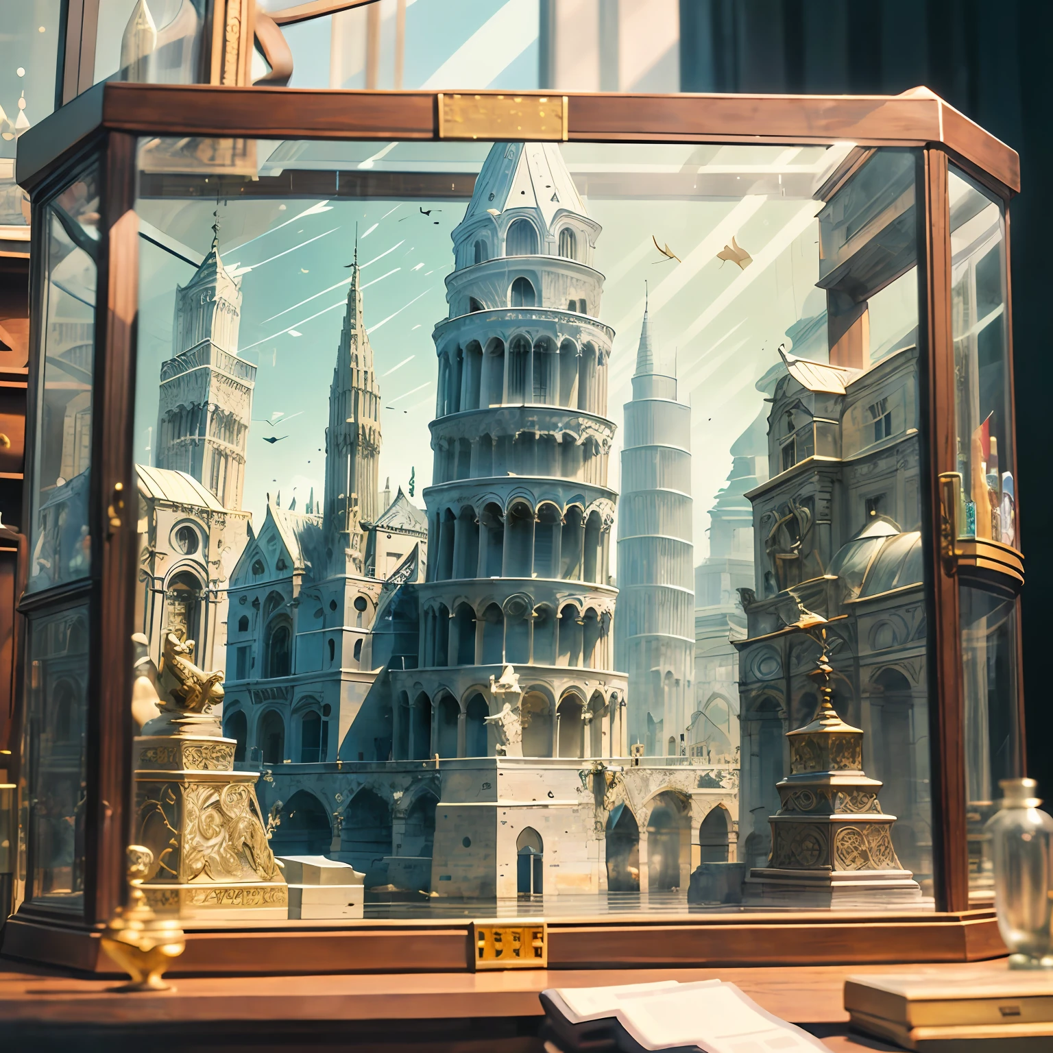 GlassSteelAI, (best quality:1.15), (masterpiece:1.17), (detailed:1.15), (realistic:1.2), (intricate:1.3),analog style, Dappled Light, close up, cinematic light, sidelighting, ultra high res, best shadow, RAW, (Leaning Tower of Pisa) , (KnollingCaseQuiron style), glass case, display case, (KnollingCase:1.5), no humans, scenery, still life, mirror, box, reflection, crystal,